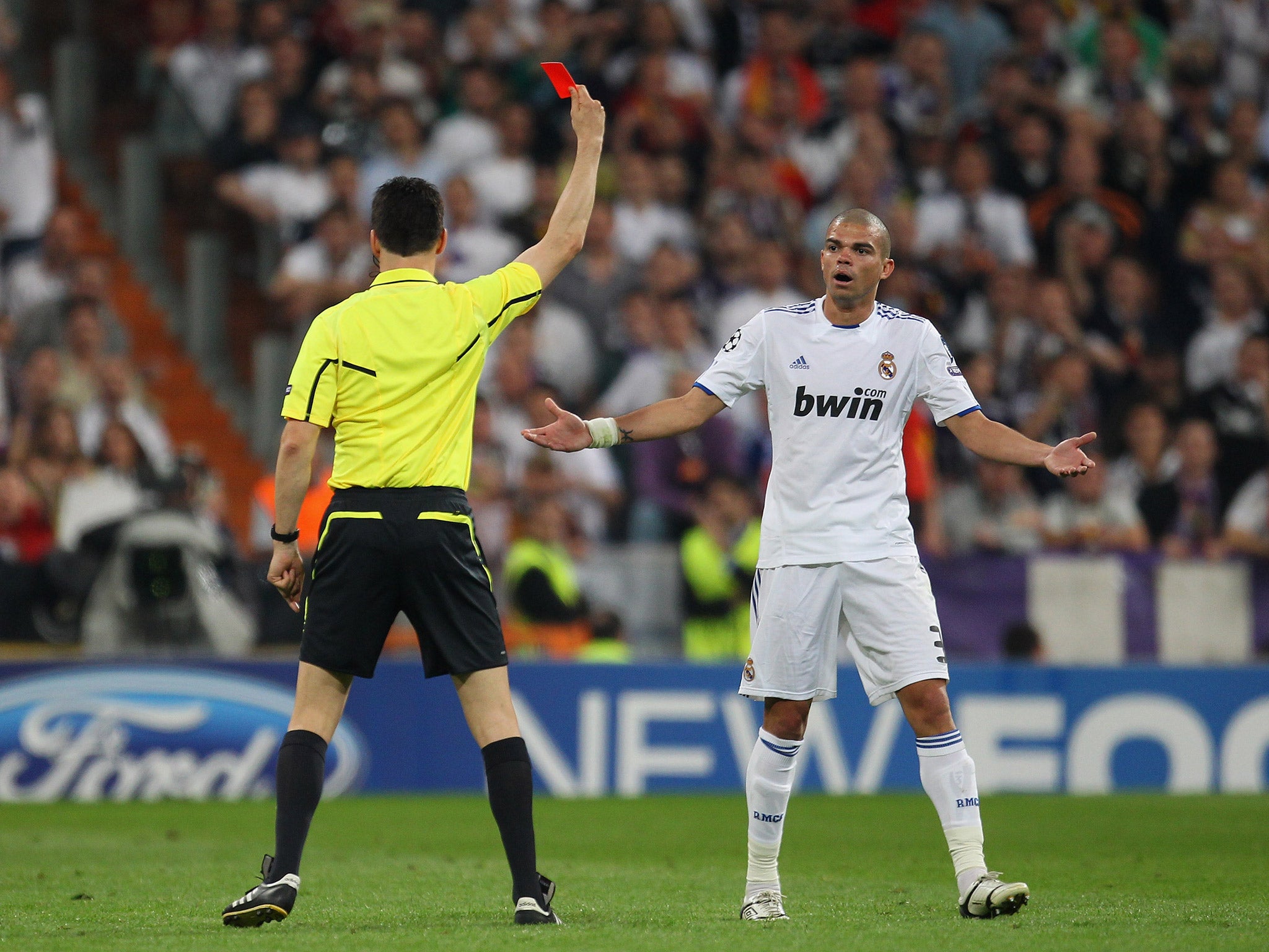 Pepe is sent-off in the April 2011 defeat by Barcelona