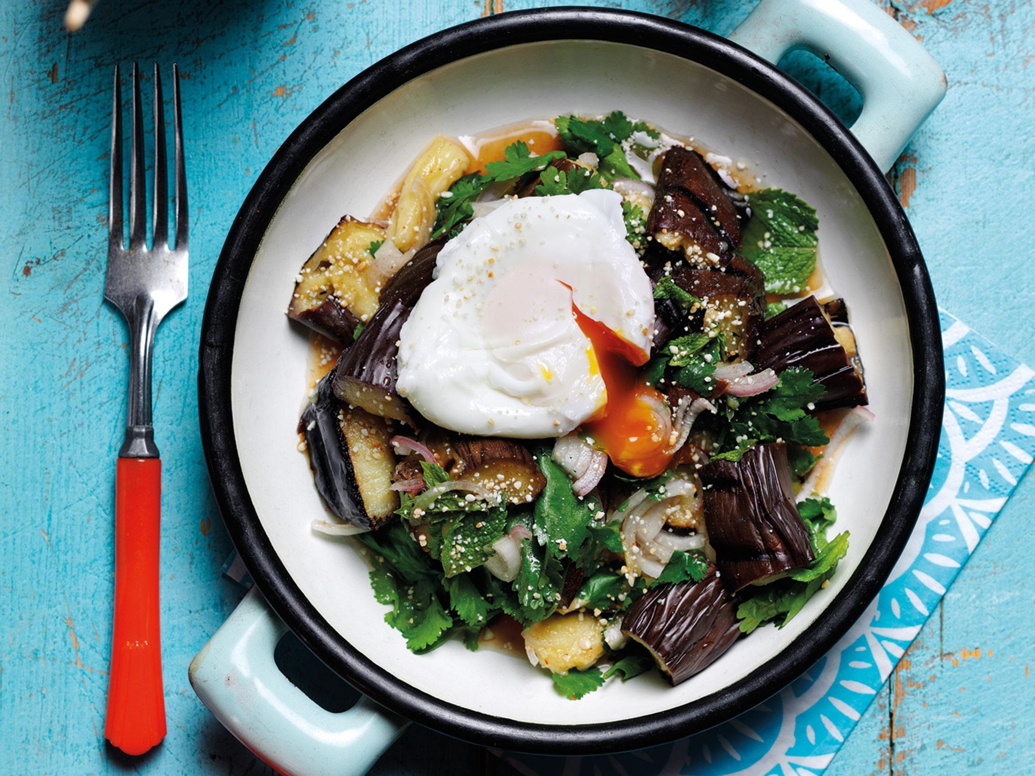 Egg-topped smokey aubergine salad