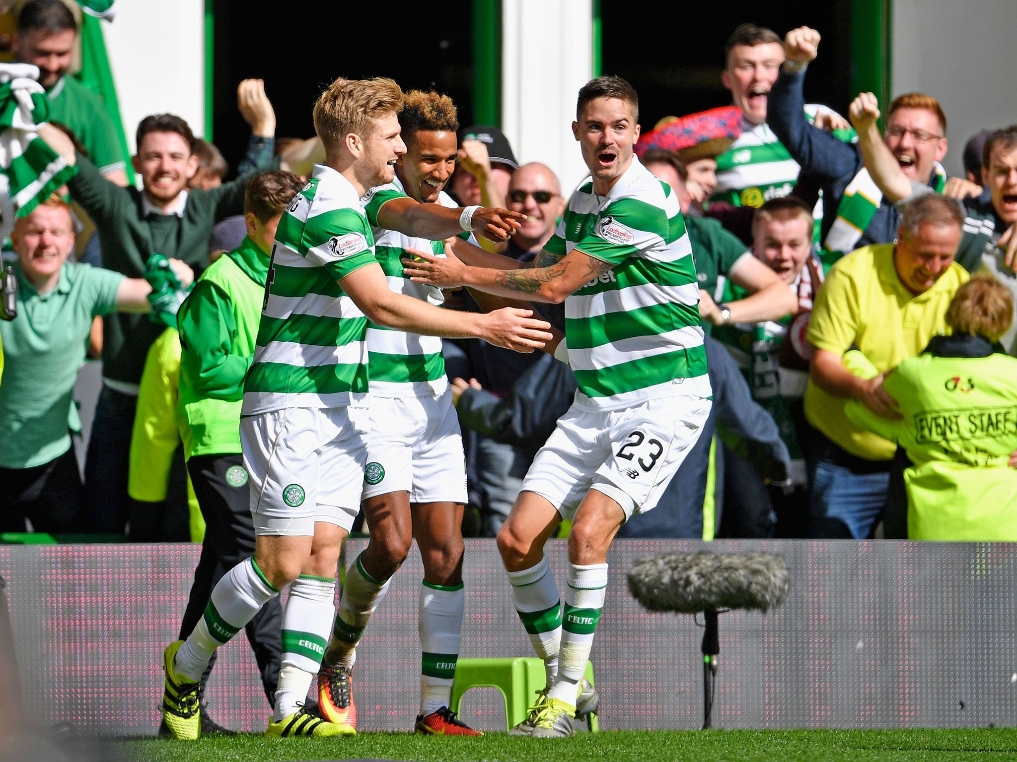 Scott Sinclair of Celtic celebrates after scoring during the Old Firm derby