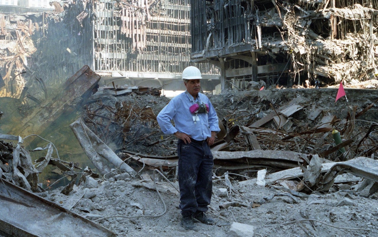 Paul Berriff standing at Ground Zero less than a week after surviving the fall of the World Trade Centre