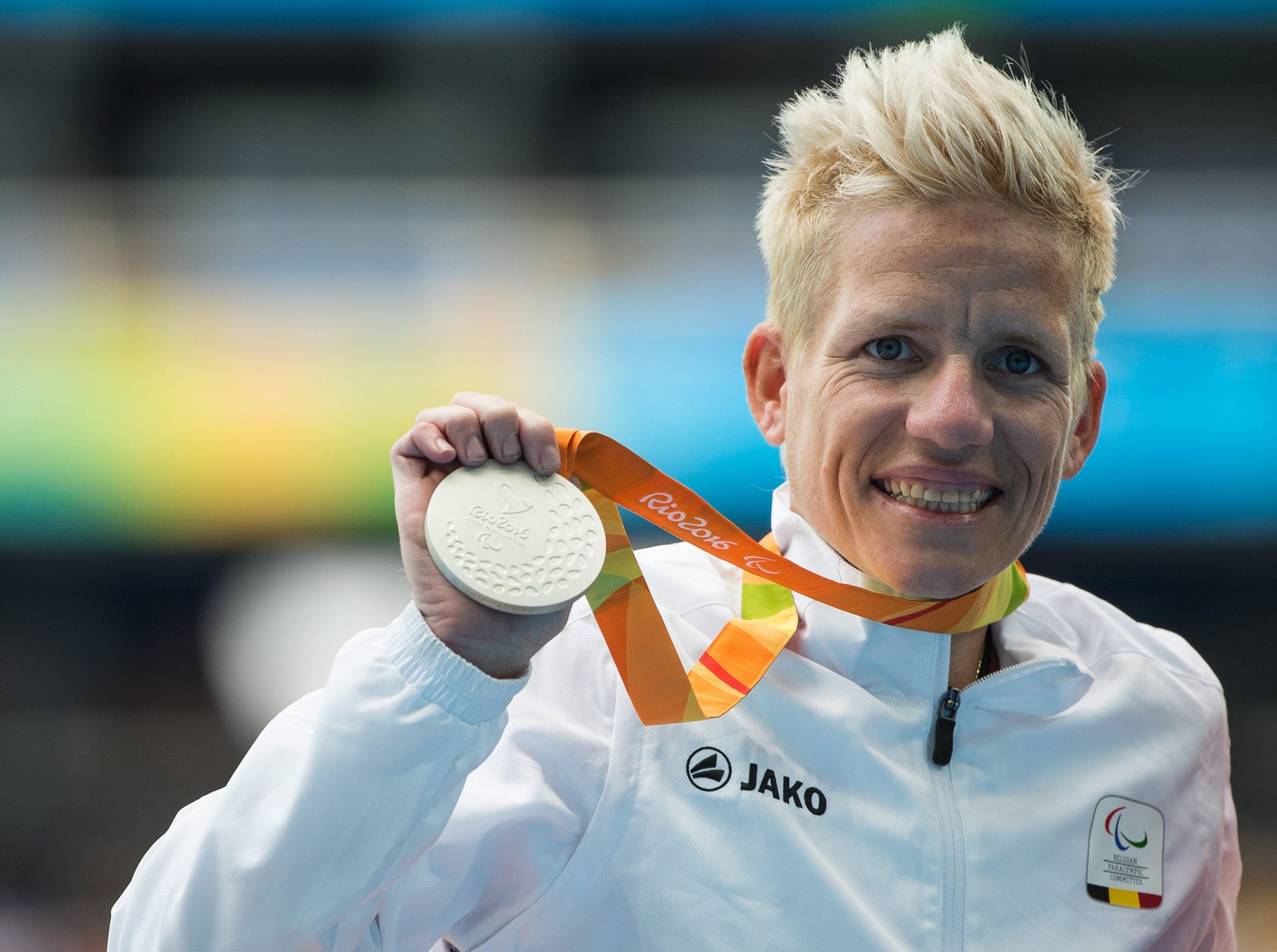 Marieke Vervoort of Belgium posing on the medal podium after winning the Silver Medal in the Women's 400m - T52 Final during the Rio 2016 Paralympic Games