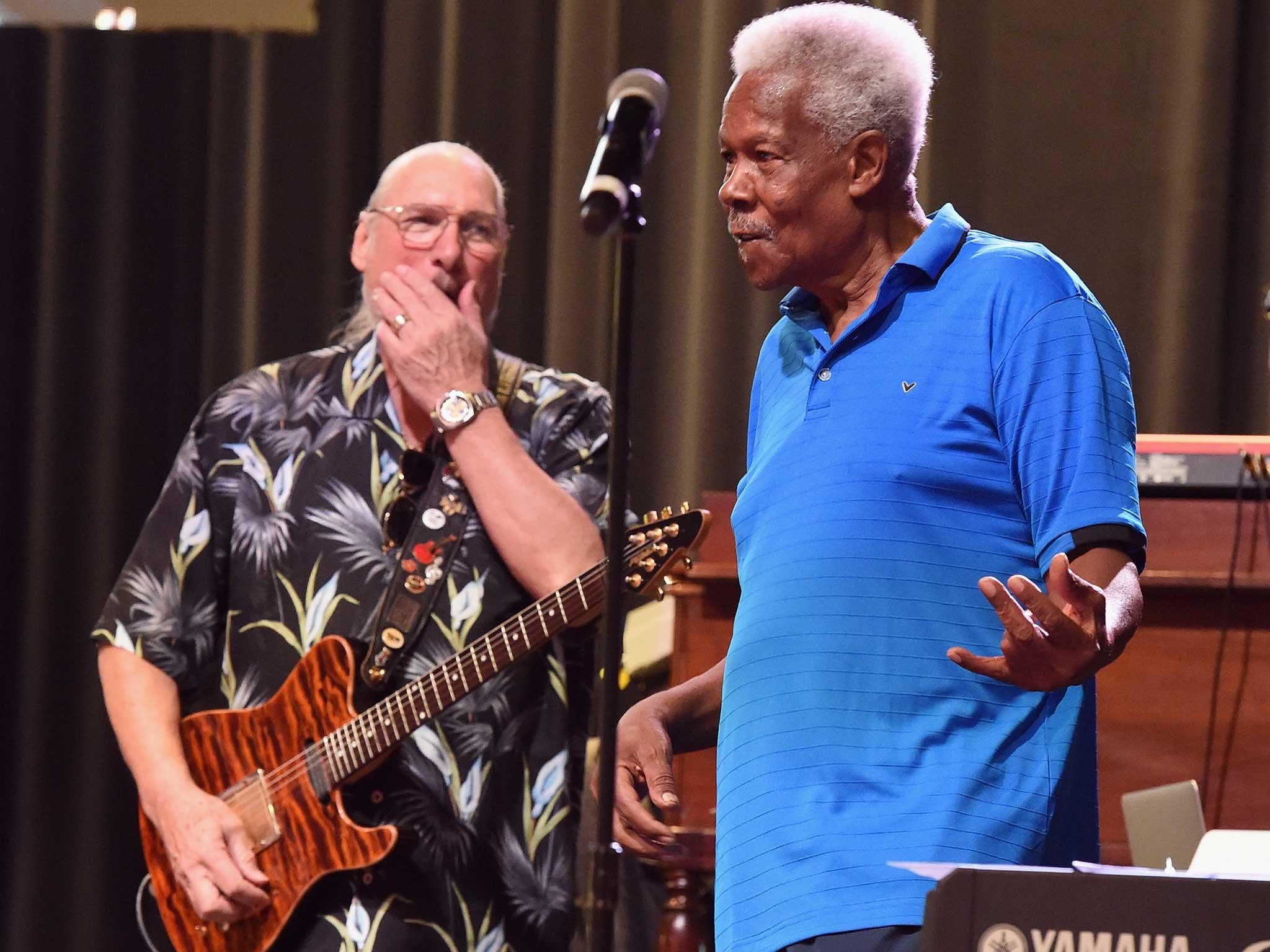 Steve Cropper and Eddie Floyd perform during Otis Redding 75th Birthday Celebration - Rehearsals at the Macon City Auditorium on September 11, 2016 in Macon, Georgia