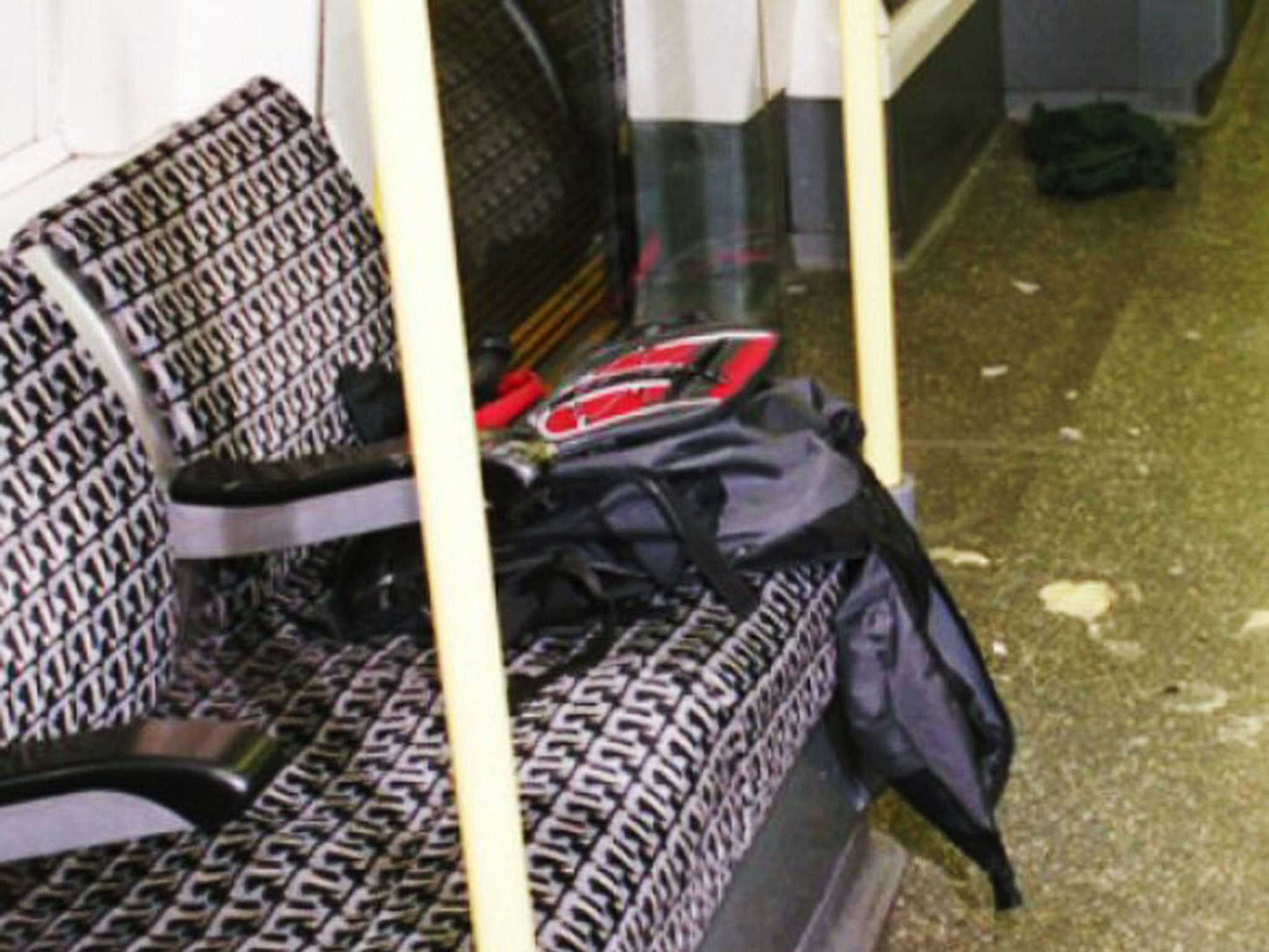 A backpack used to carry explosives made from hydrogen peroxide and chapati flour is shown on the seat of a Northern Line tube train on 21 July 2005