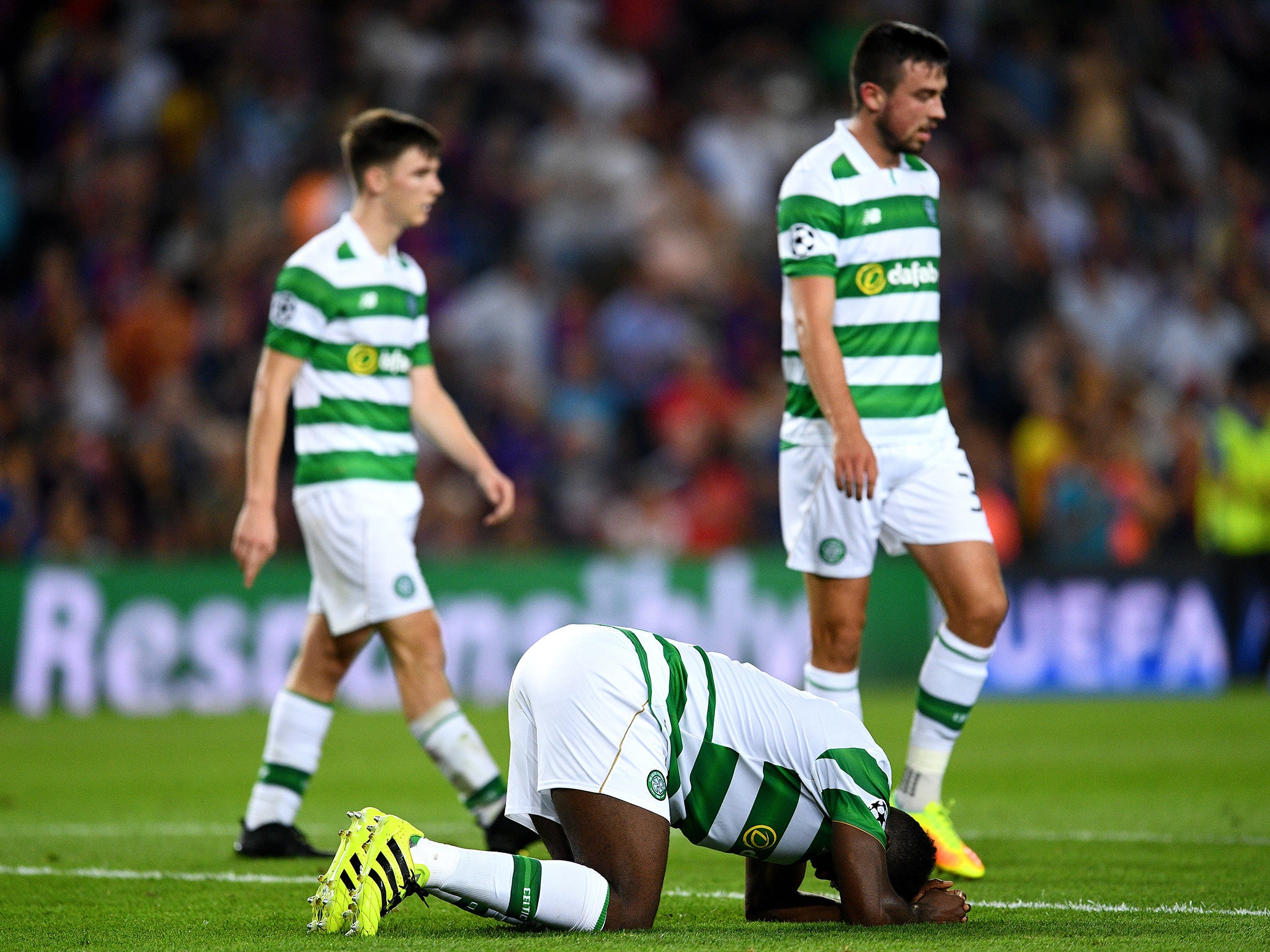 Toure reacts in frustration as another Barcelona goal goes in