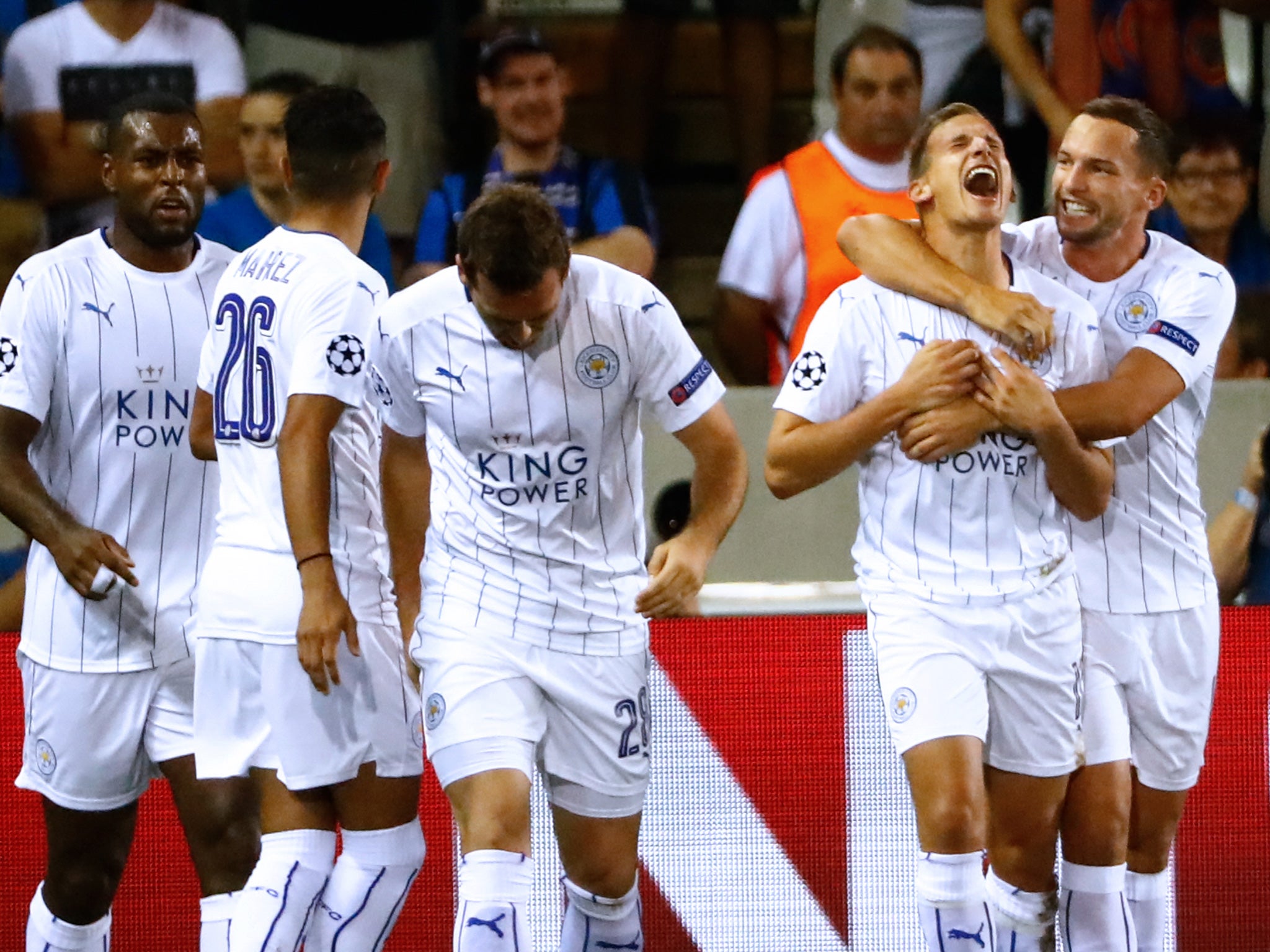 Leicester players celebrates Albrighton's opener