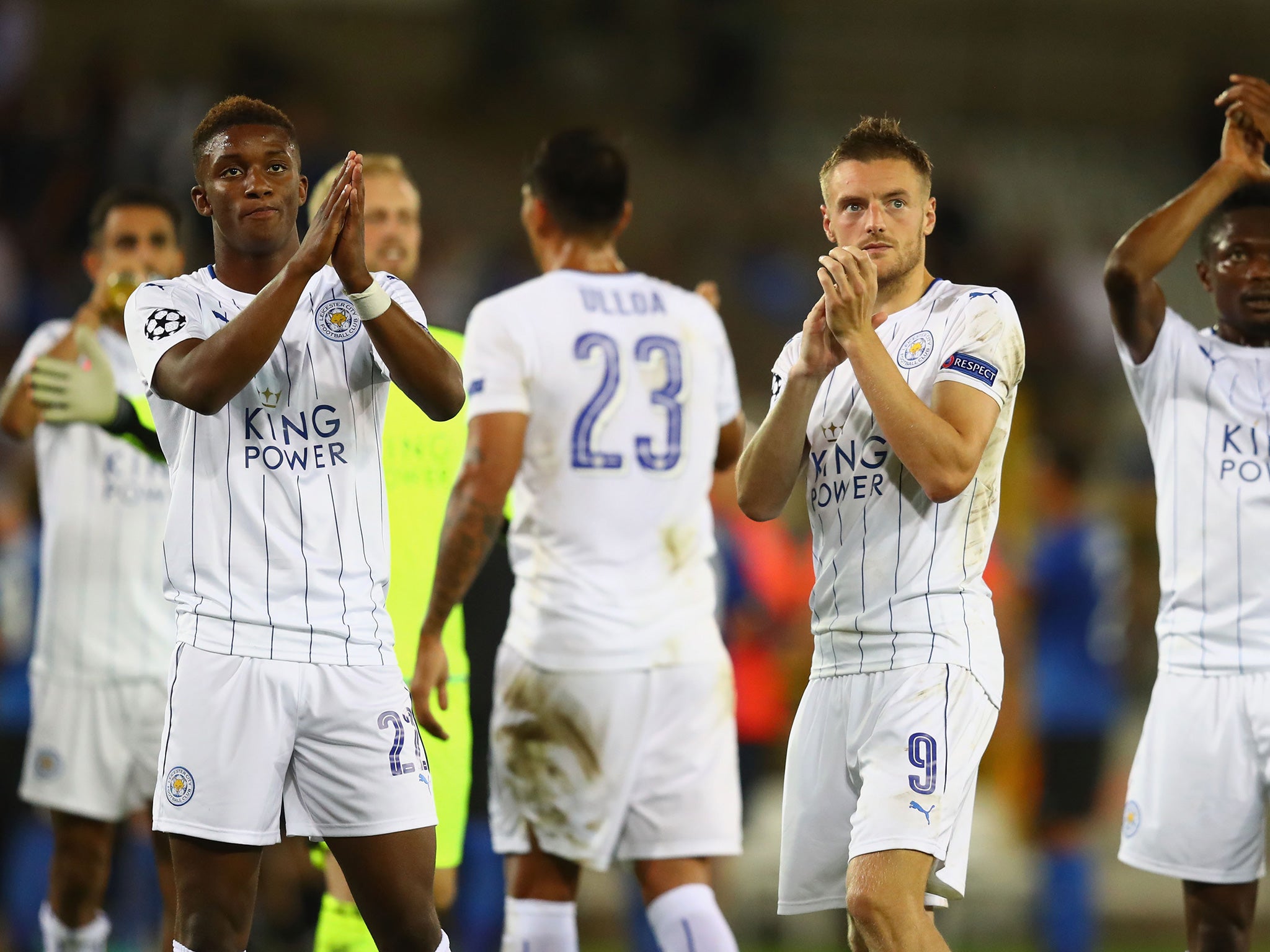 Leicester's players applaud their travelling support