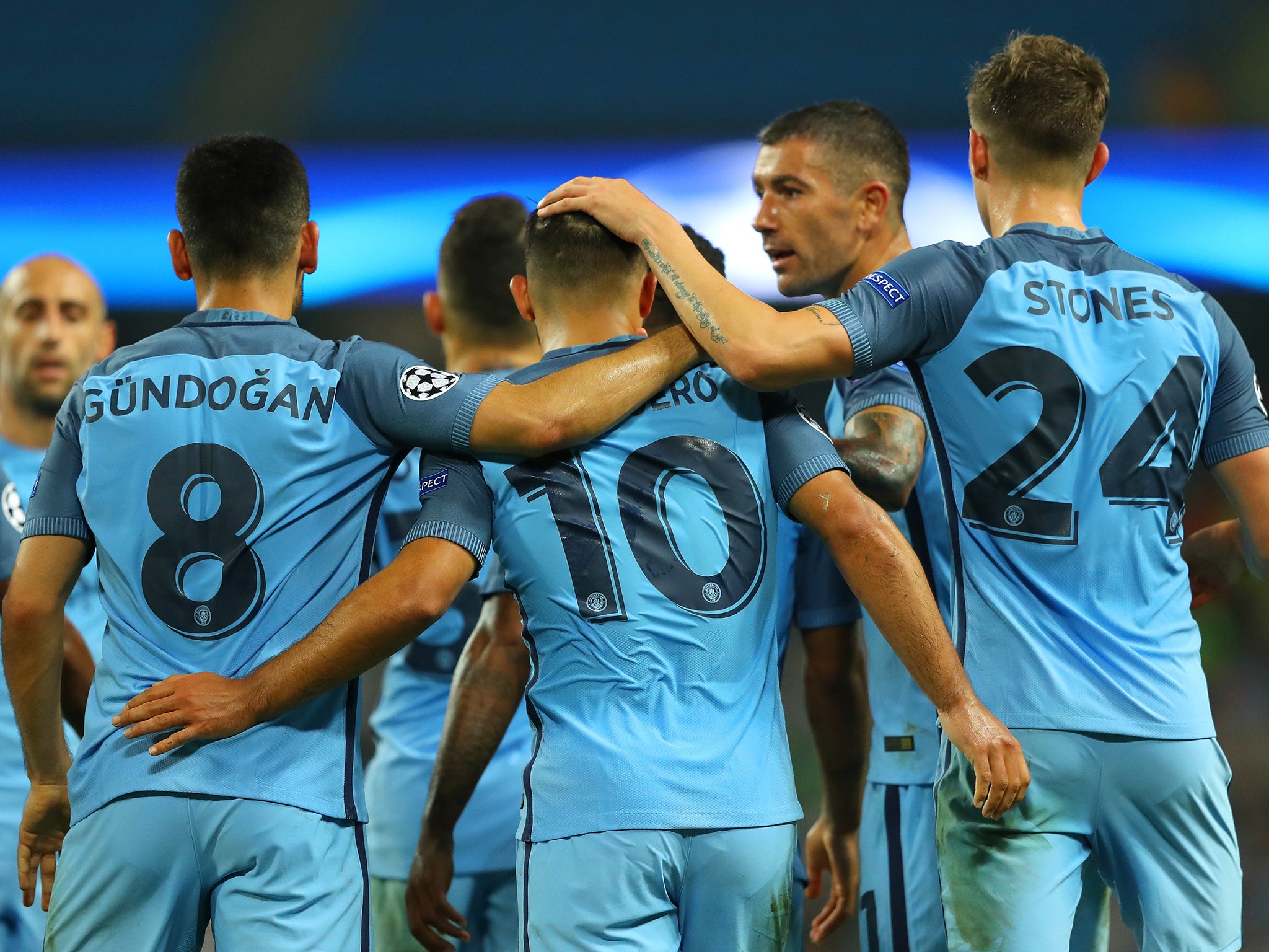 City's players celebrate Aguero's third goal