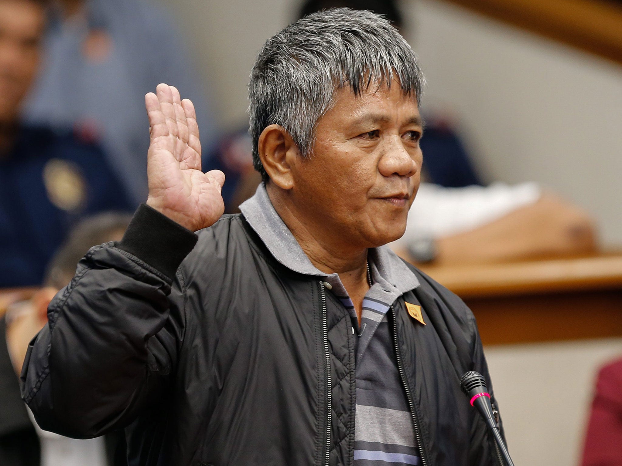 Edgar Matobato, a former militia member, at a hearing on the extrajudicial killings at the Philippine Senate in Pasay City on 15 September