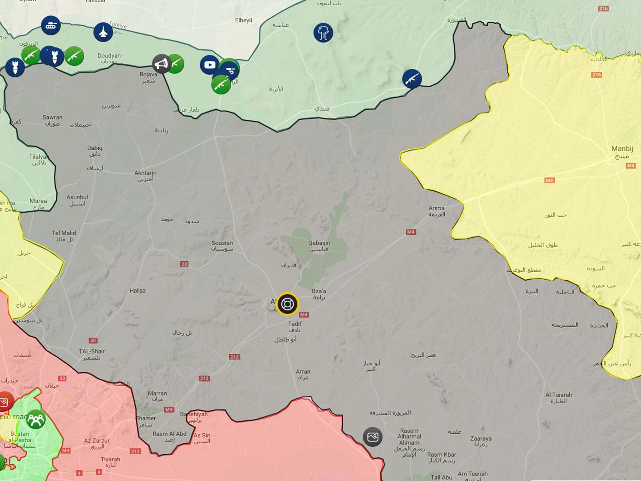 Kurdish-controlled territory around al-Bab is seen in yellow, Isis in black, Turkish-backed rebels in teal, Assad forces in red and opposition in green, on 16 September