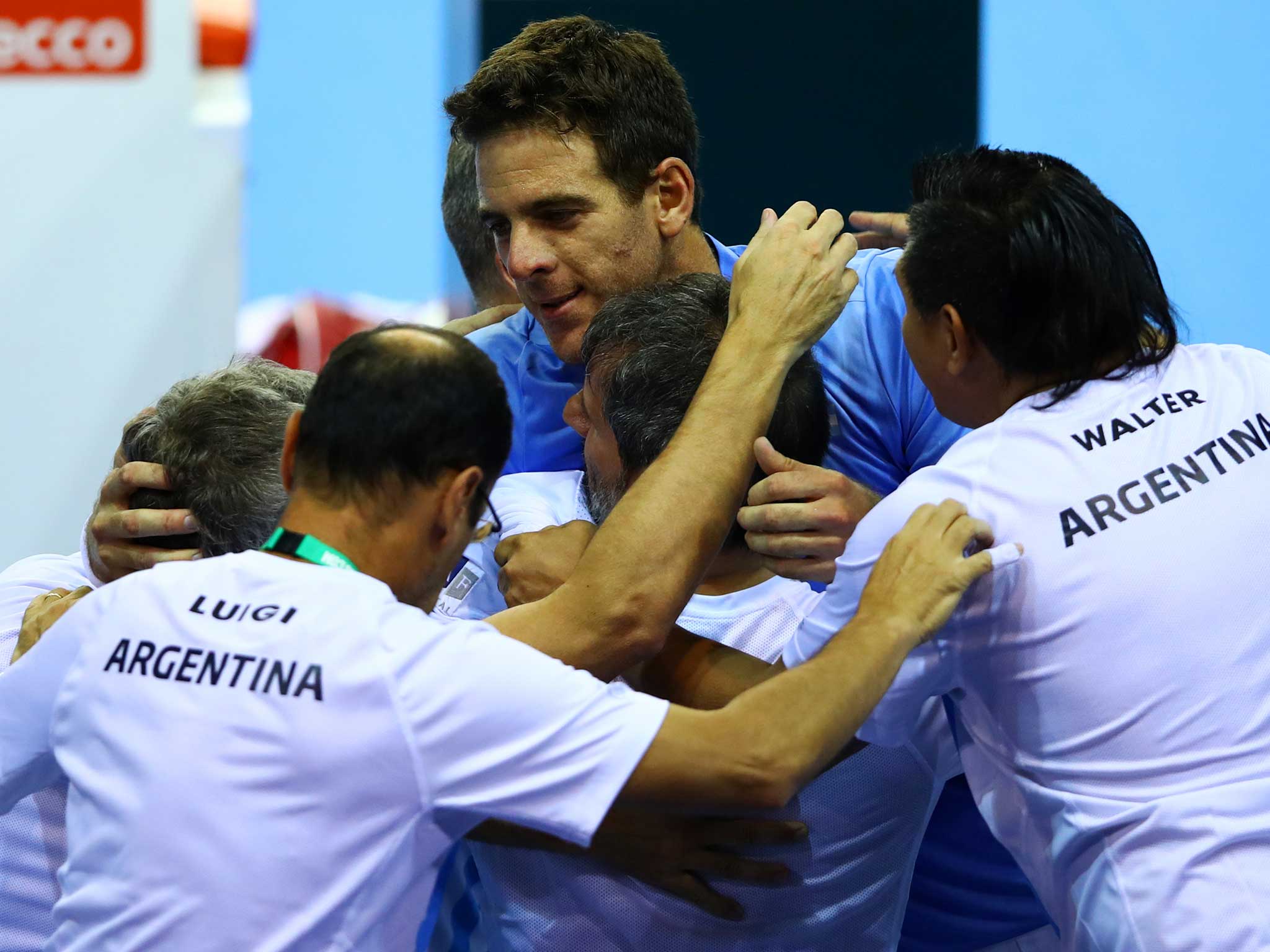 Juan Martin del Potro is mobbed by his team after the Davis Cup thriller