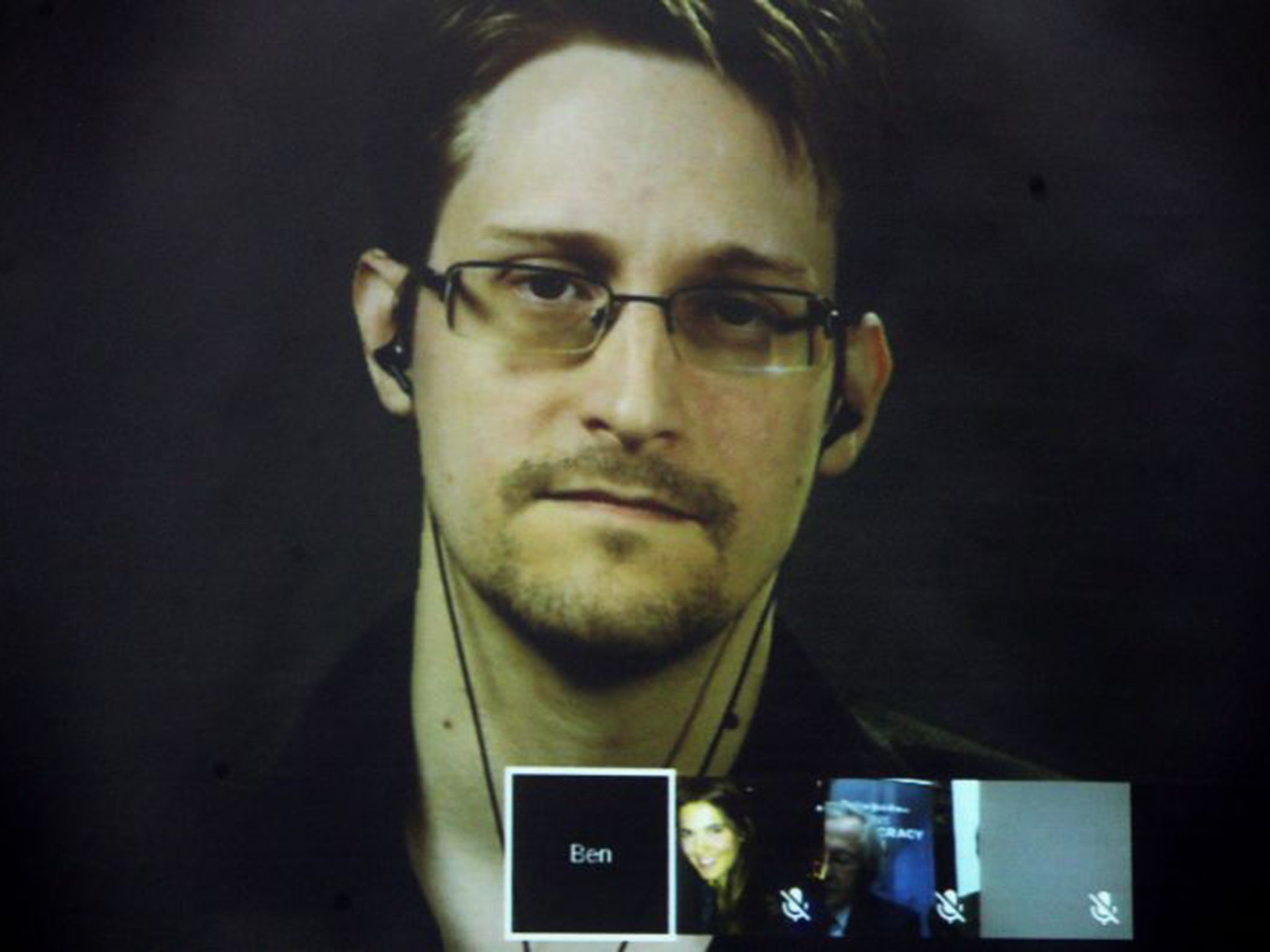 Snowden speaks via video link during the Athens Democracy Forum at the National Library in Athens yesterday