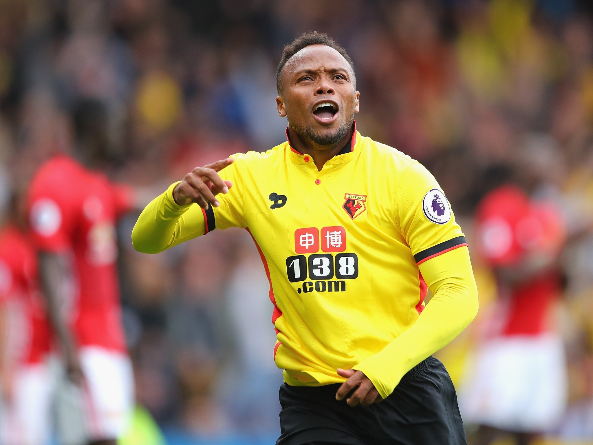 Zuniga celebrates scoring Watford's second against United