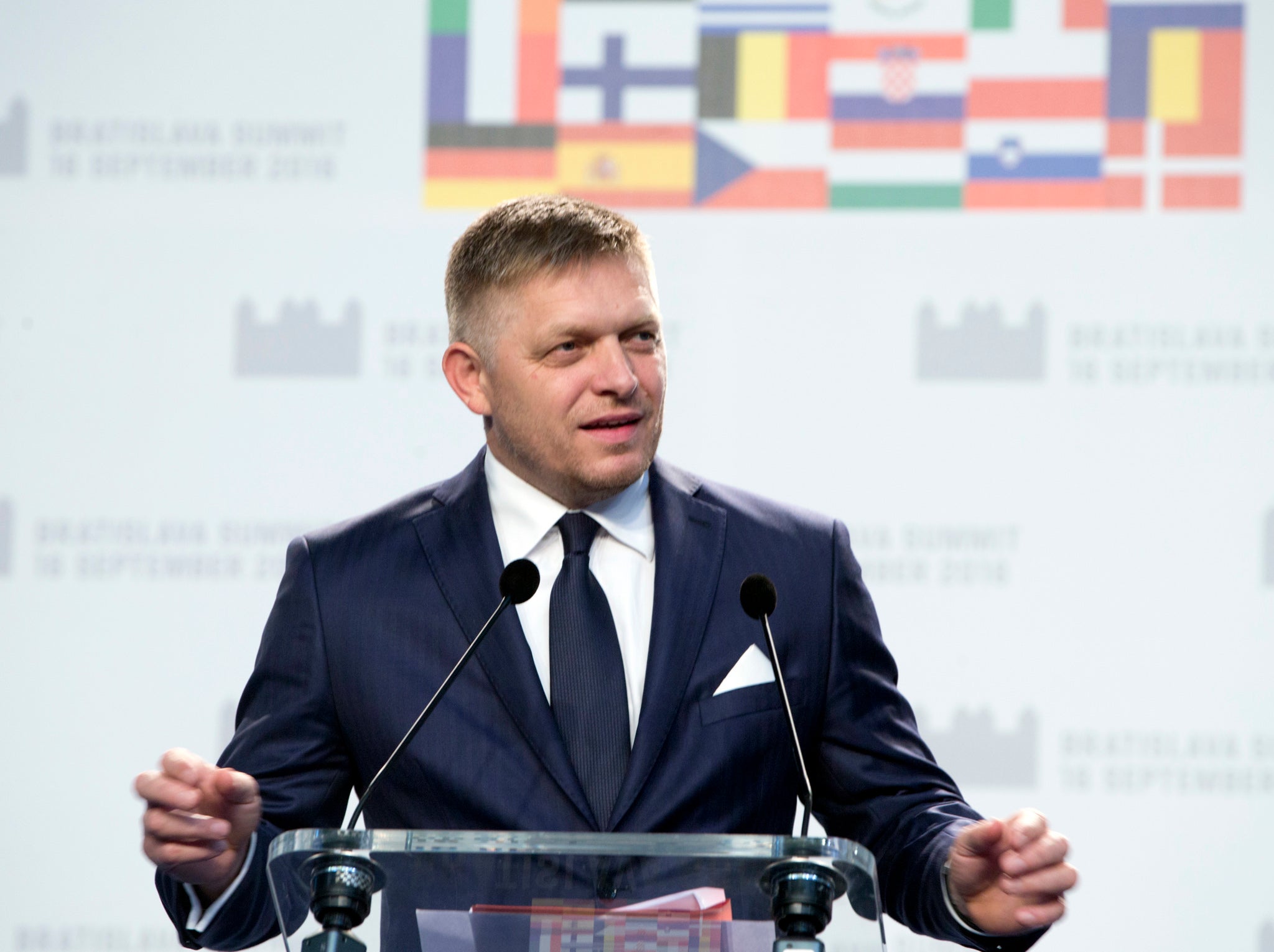 Slovakian Prime Minister Robert Fico speaks during a media conference at the conclusion of an EU summit in Bratislava