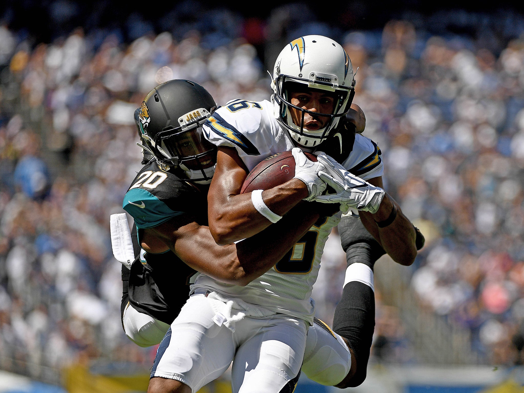 Tyrell Williams runs after completing a catch during the San Diego Chargers win over the Jacksonville Jaguars