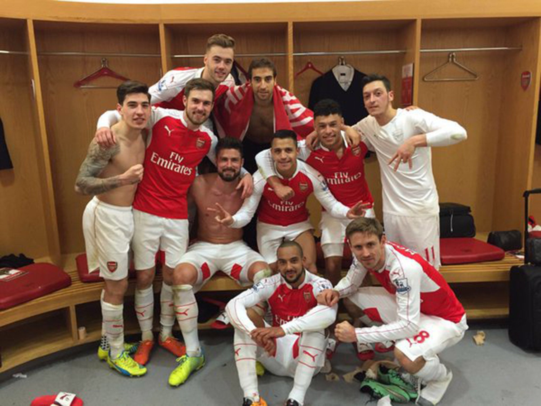 Arsenal players celebrated their 2-1 win over Leicester City last season by posting dressing room selfies on Twitter