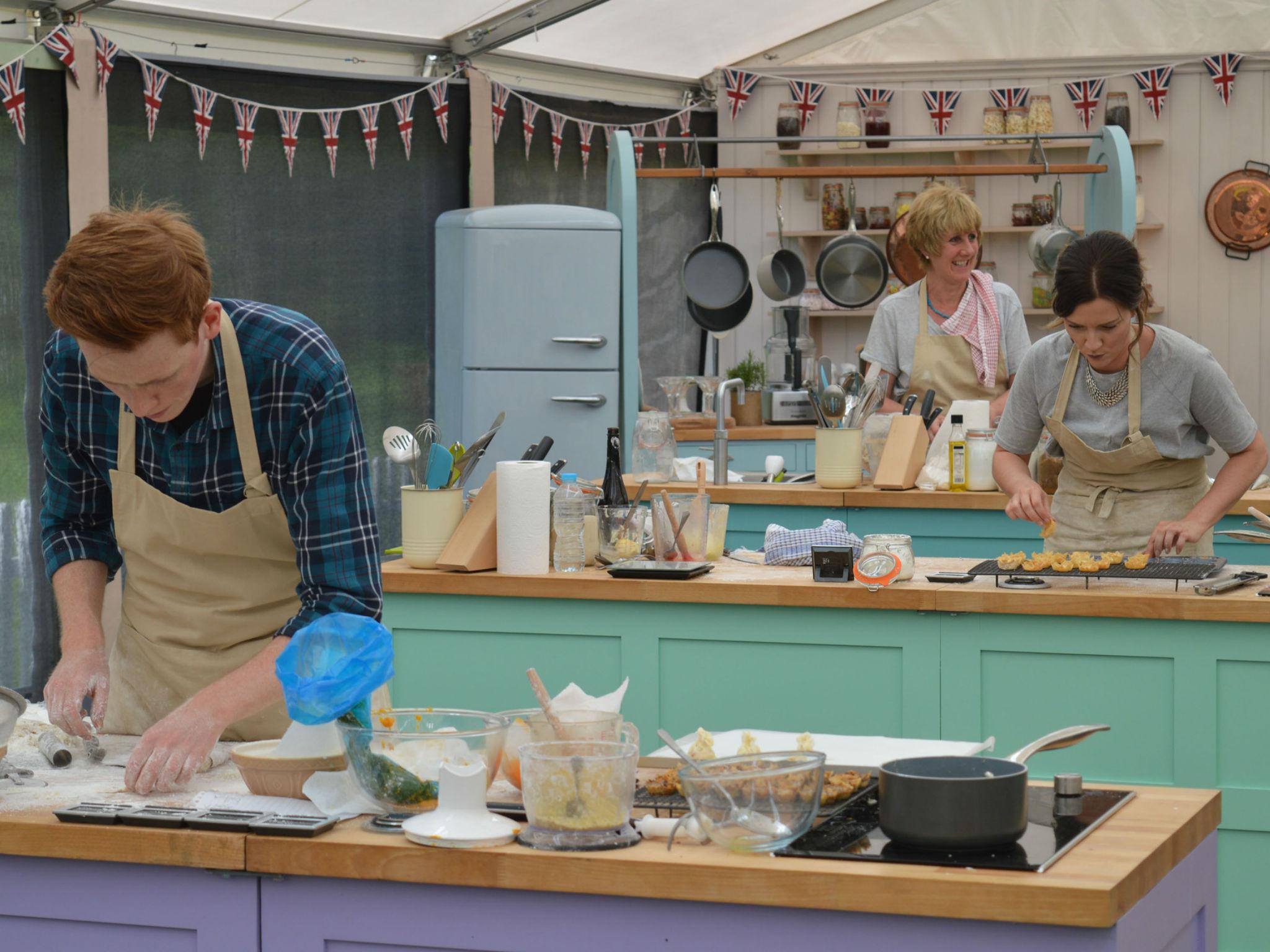 Bakers Andrew, Candice and Jane hard at work in the GBBO tent during Pastry Week