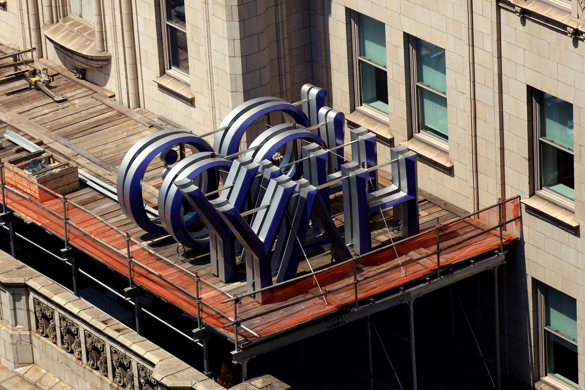 A Yahoo logo is seen on top of the building where they have offices in New York City