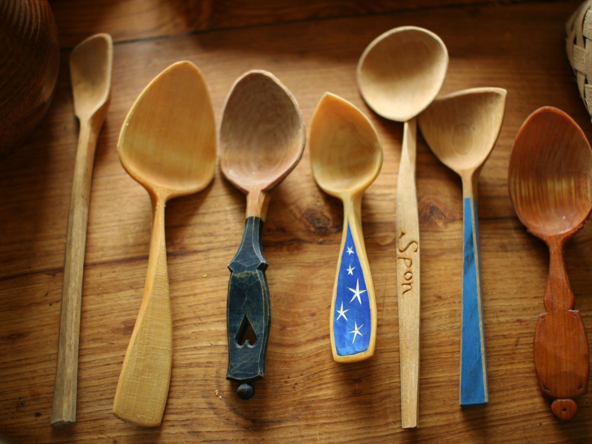 Robin Wood's collection of hand-carved spoons, the spoon with stars is made by Jojo Wood, his daughter