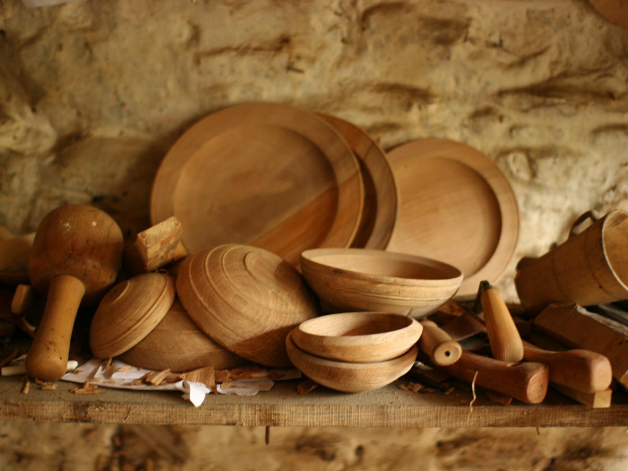 Robin Wood's Edale workshop is full of his handmade wooden bowls and plates