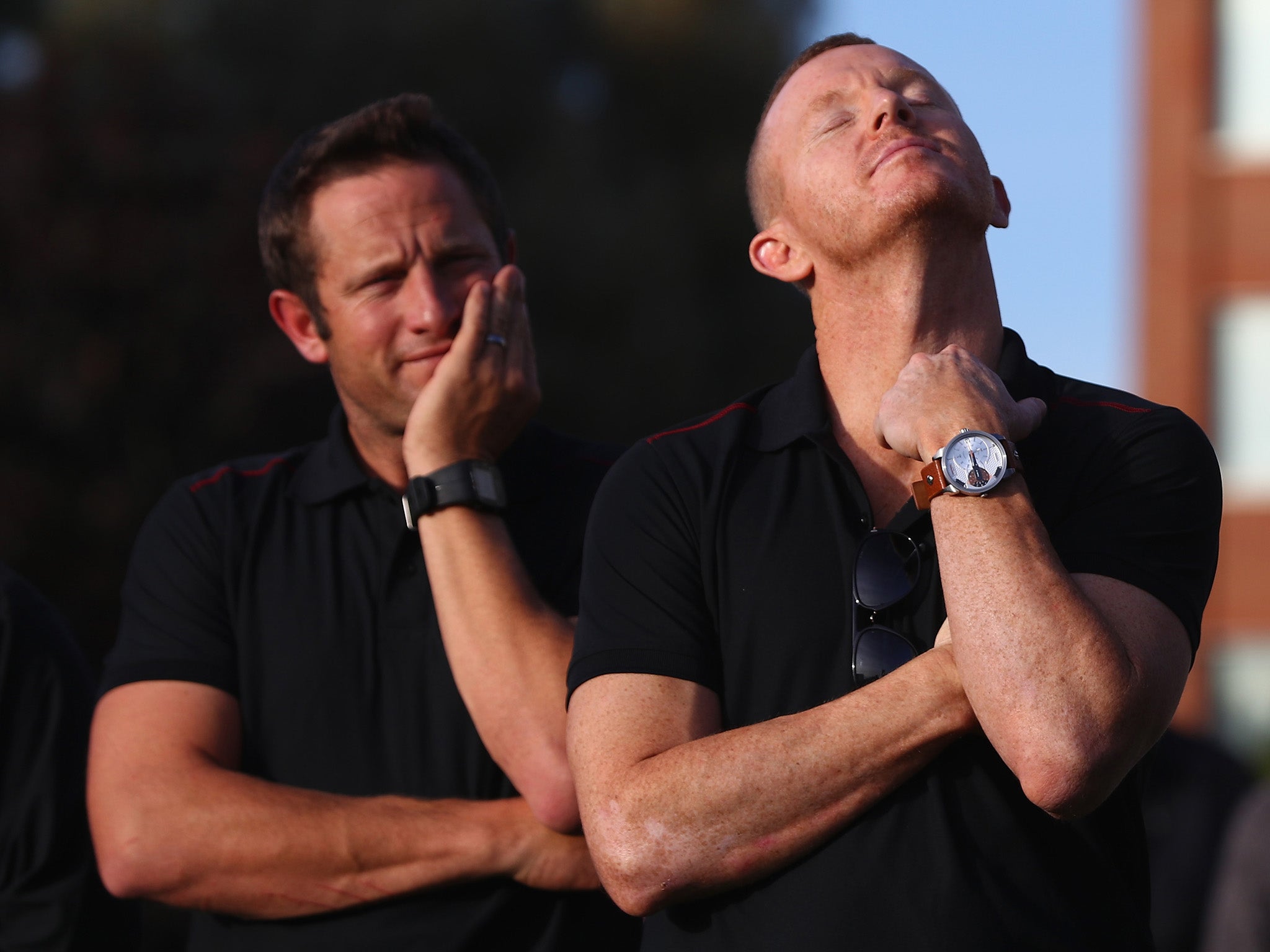 A dejected Chris Rodgers and Roelof van der Merwe after Somerset miss out again