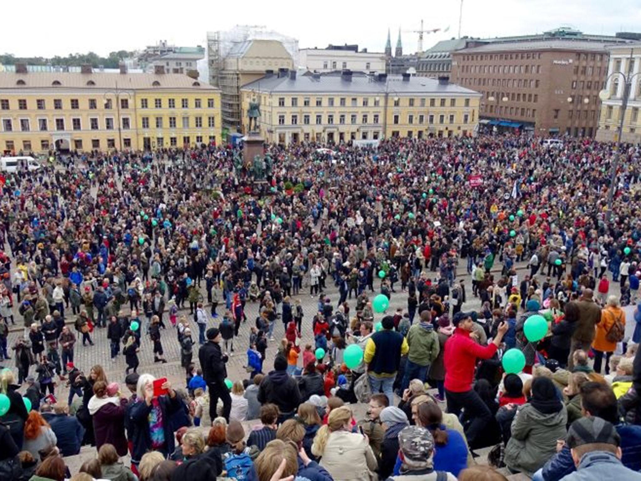 Protesters take part in a demonstration against racism and far right movements in downtown Helsinki, Finland, 24 September, 2016