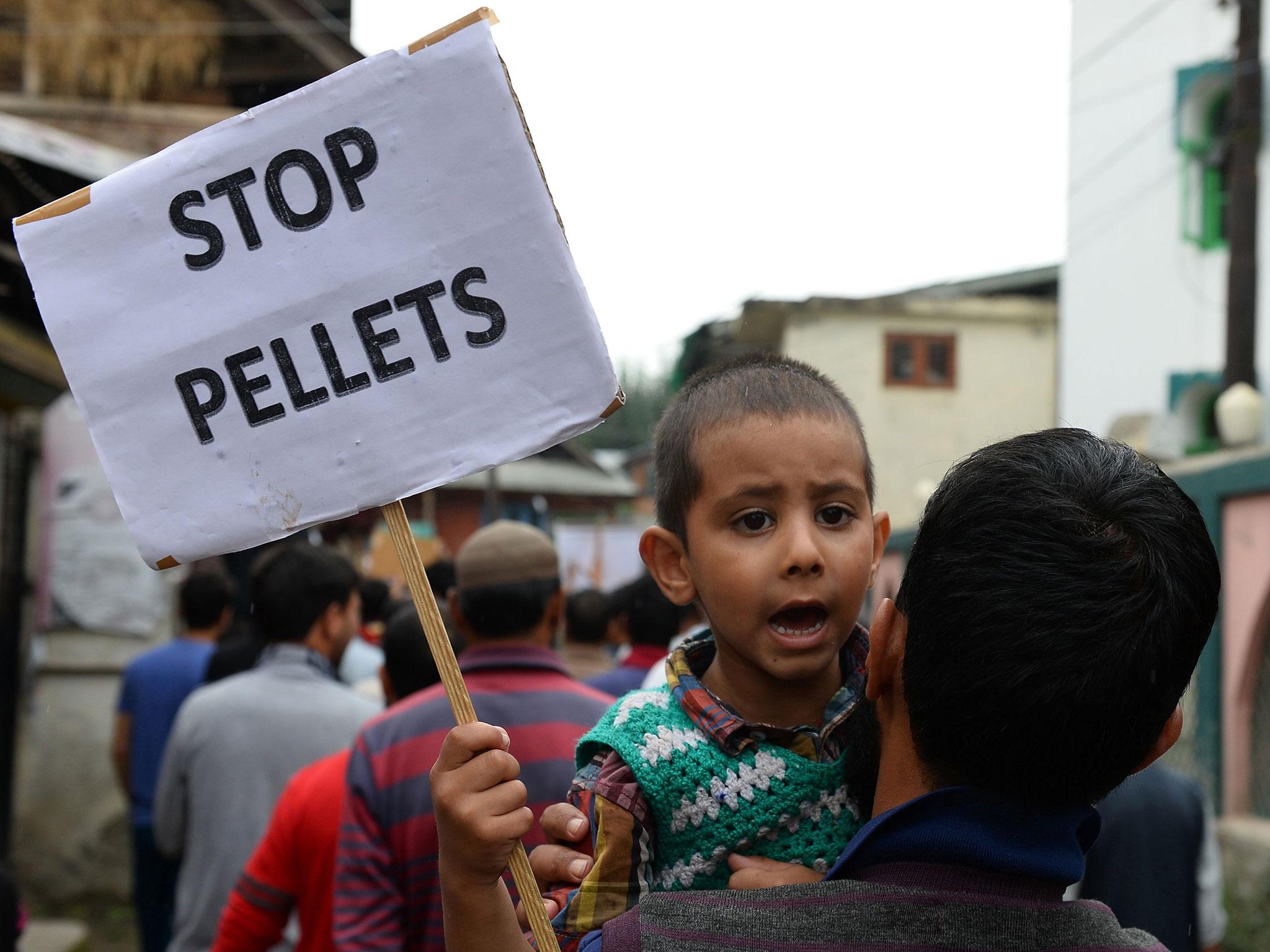 A Kashmiri protester carries his son as he holds a placard during a protest in Srinagar