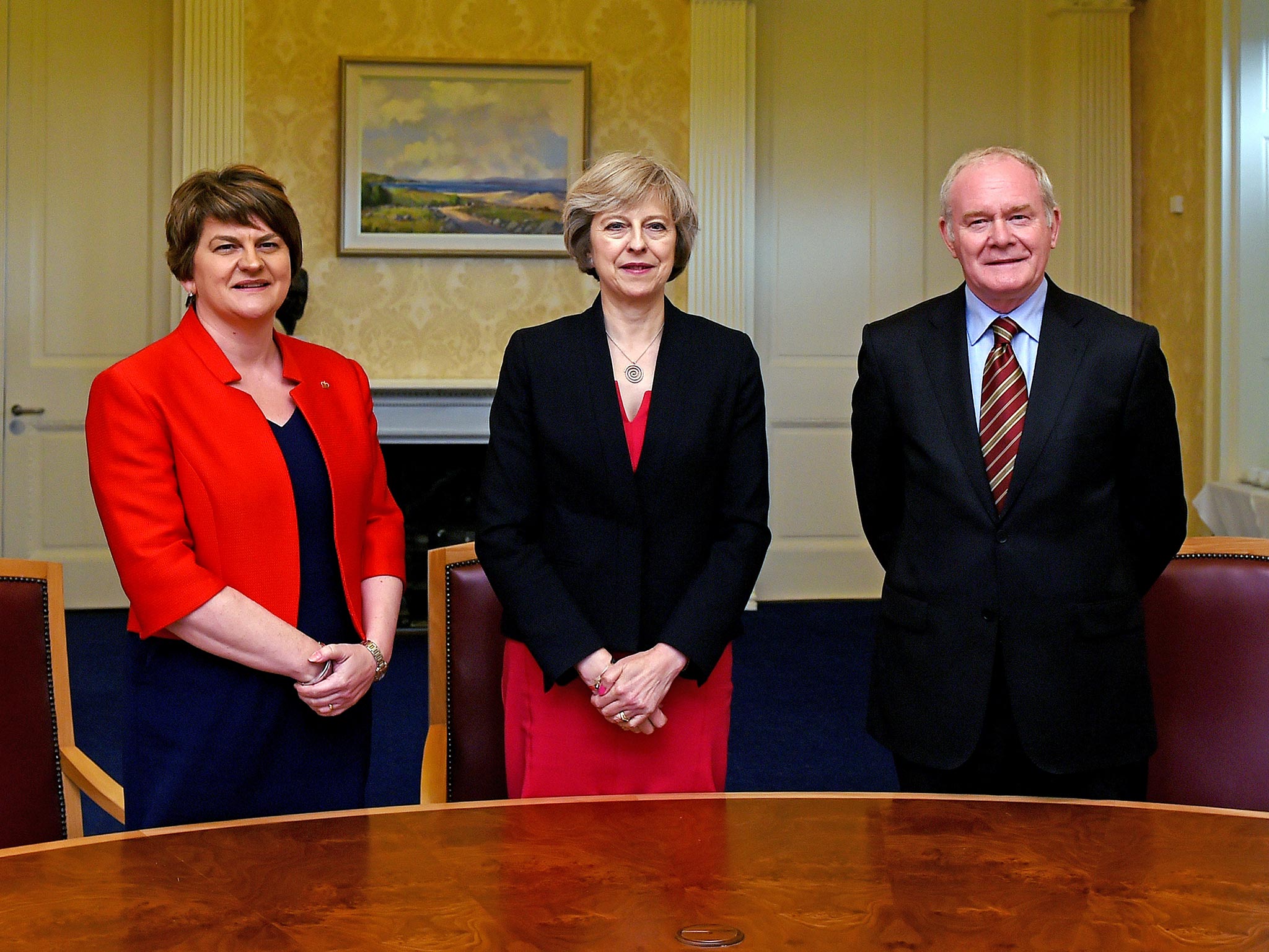 Northern Ireland's Deputy First Minister Martin McGuinness (right) meeting with Theresa May (centre) and the country's First Minister Arlene Foster (left) in July