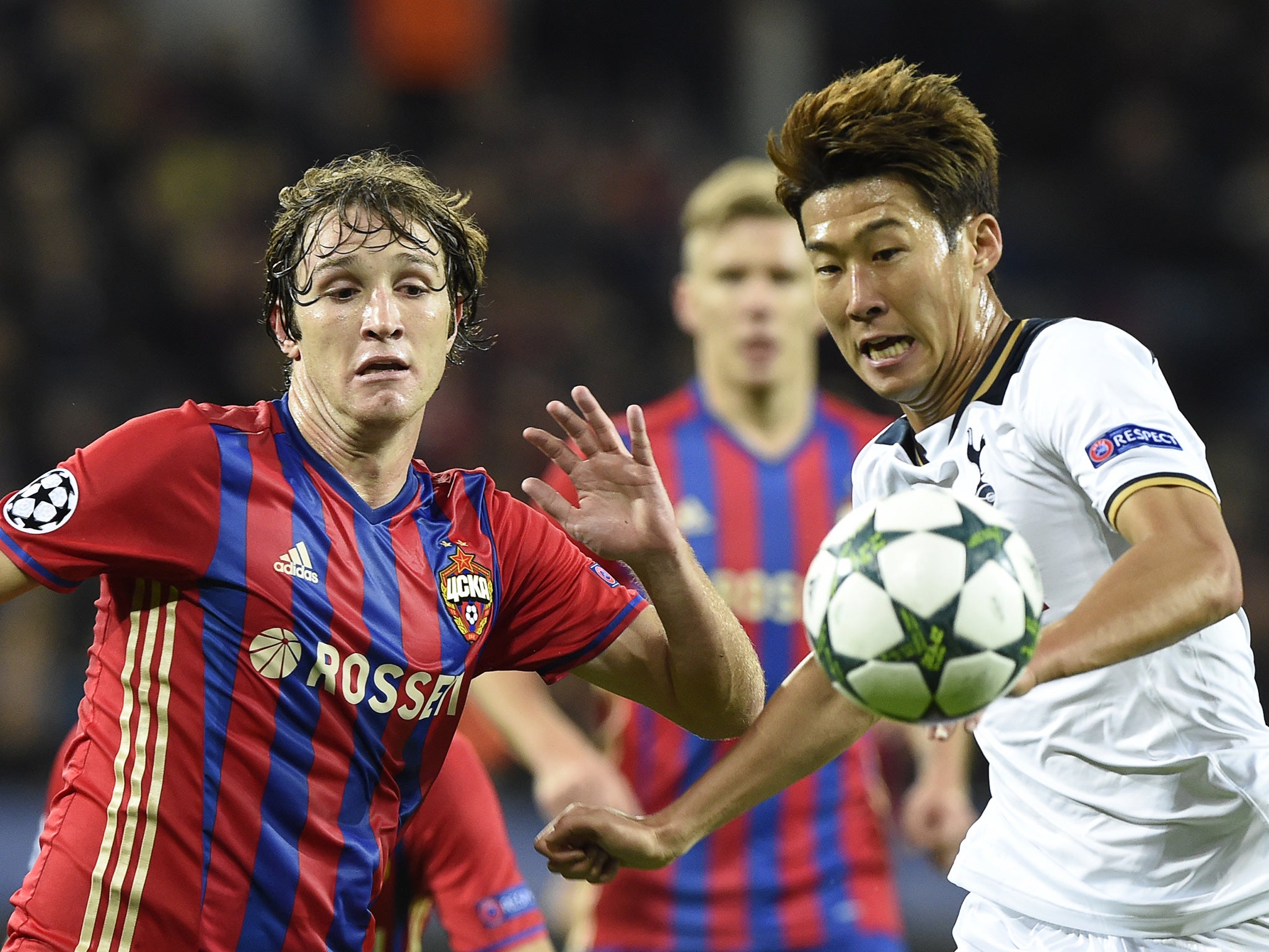 Son battles for the ball with CSKA's Mario Fernandes