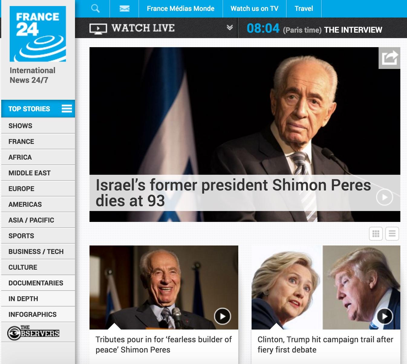 &#13;
France24 calls Peres a 'fearless builder of peace'&#13;