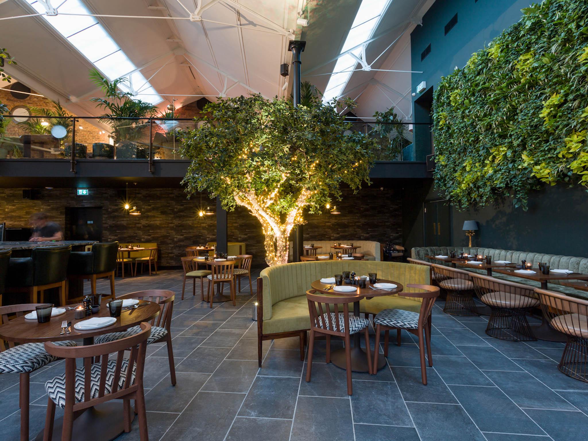 The open interior dining hall of Ours features three live trees