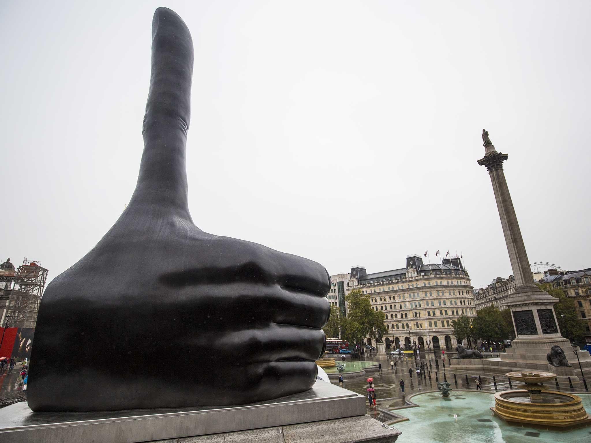 The 7m-high elongated thumbs-up is the 11th Fourth Plinth artwork in London’s Trafalgar Square