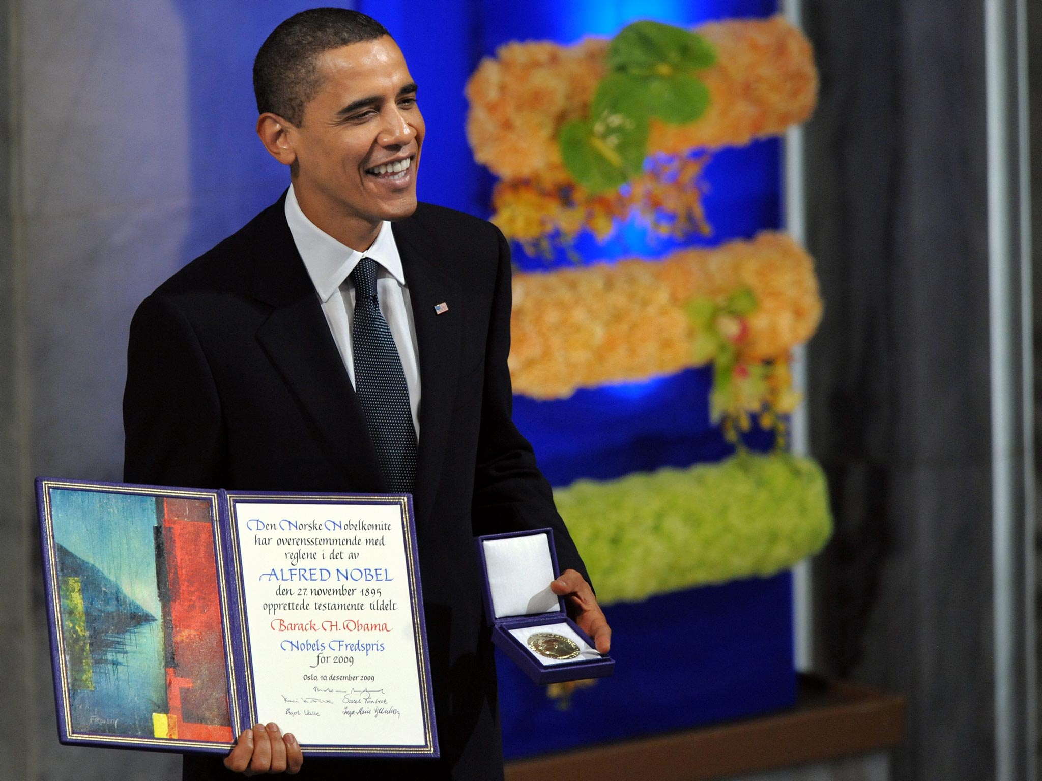 Nobel Peace Prize laureate and former president Barack Obama during the Nobel ceremony at the City Hall in Oslo in 2009