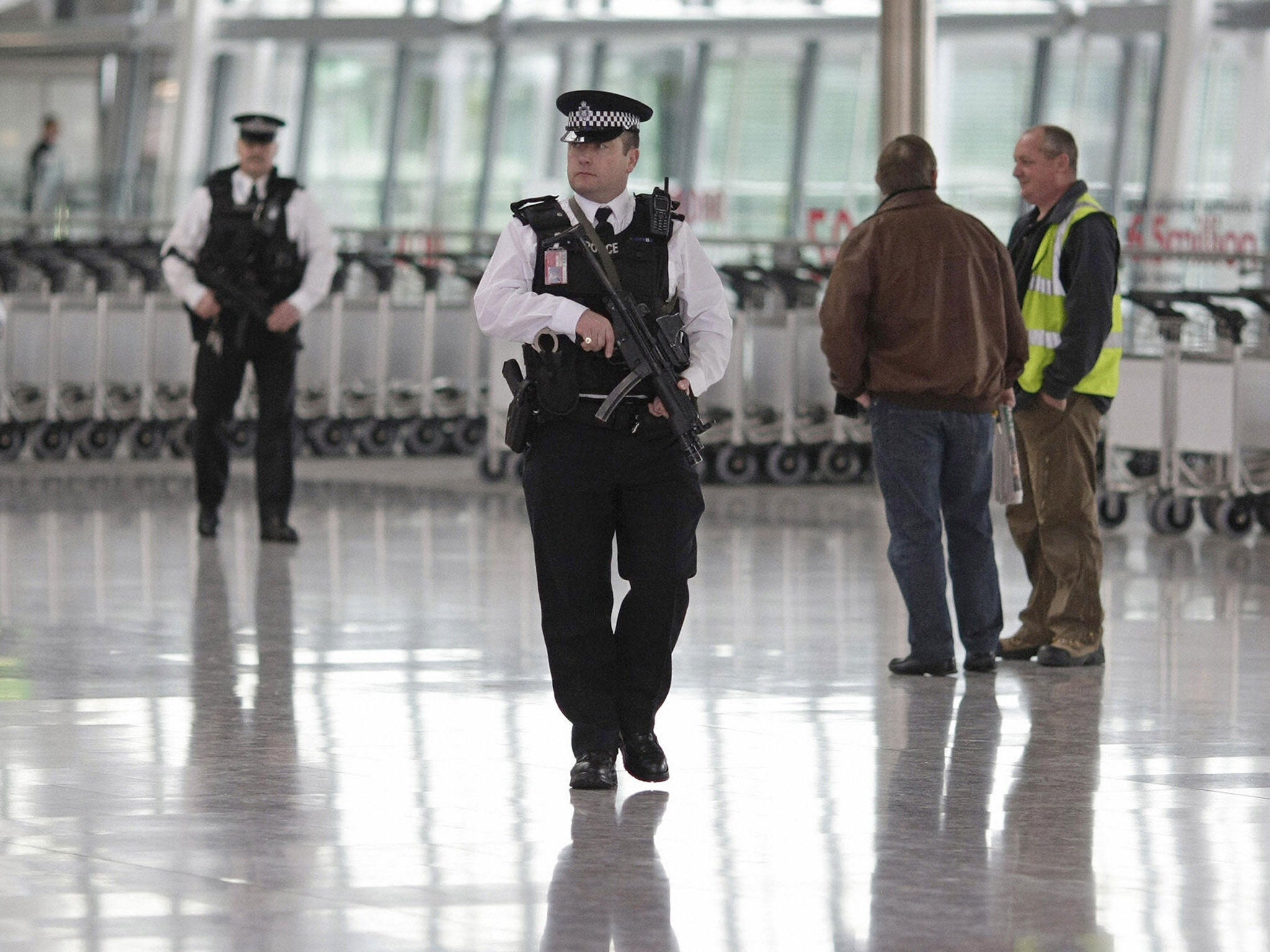 Officers patrol Heathrow. Currently there is considerable cooperation between police forces across the EU