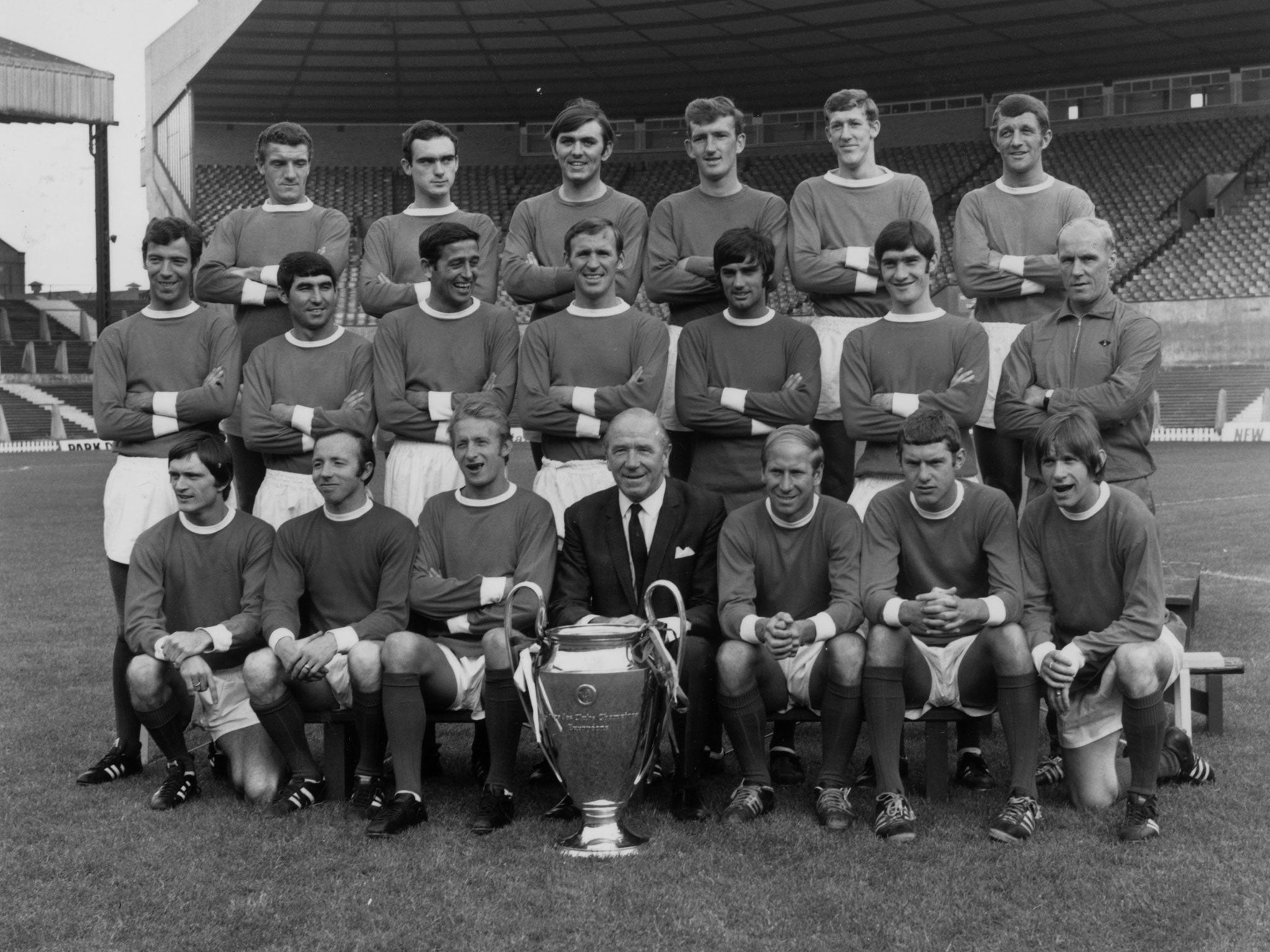 The Manchester United team at Old Trafford with the European Cup (July 1968)