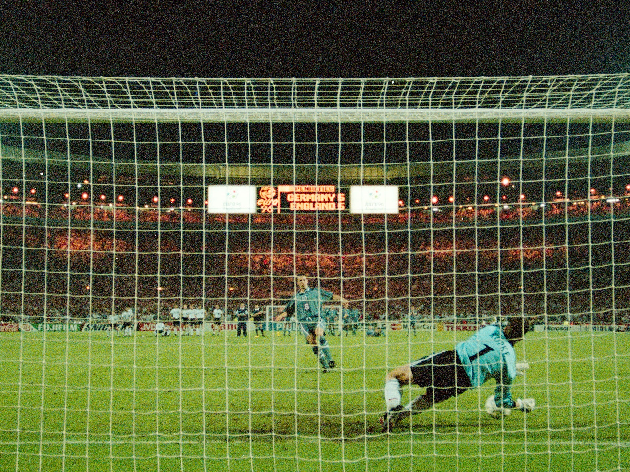 Gareth Southgate has his penalty saved by Germany goalkeeper Andreas Köpke during the penalty shoot-out at the 1996 UEFA European Championships semi final match in London.