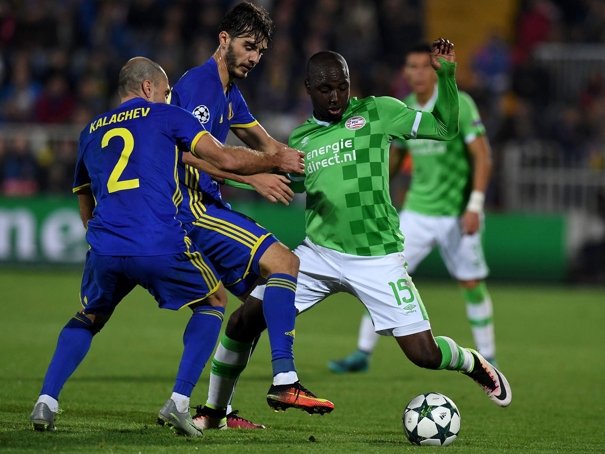 Rostov's Timofei Kalachev and Aleksandr Erokhin challenge PSV Eindhoven's Dutch defender Jetro Willems for the ball during last week's controversial Champions League match.