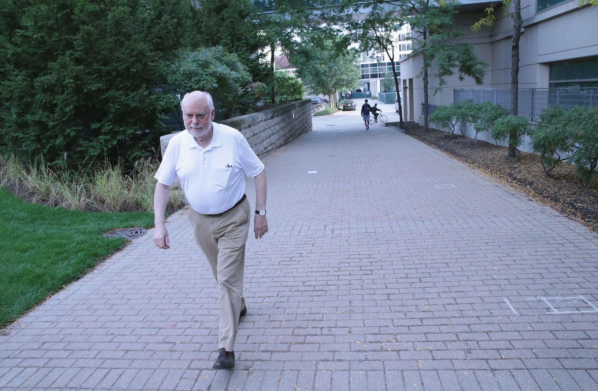 Professor Fraser Stoddart of Northwestern University leaves his office on campus shortly after learning he had won the 2016 Nobel Prize in Chemistry on October 5, 2016 in Evanston, Illinois