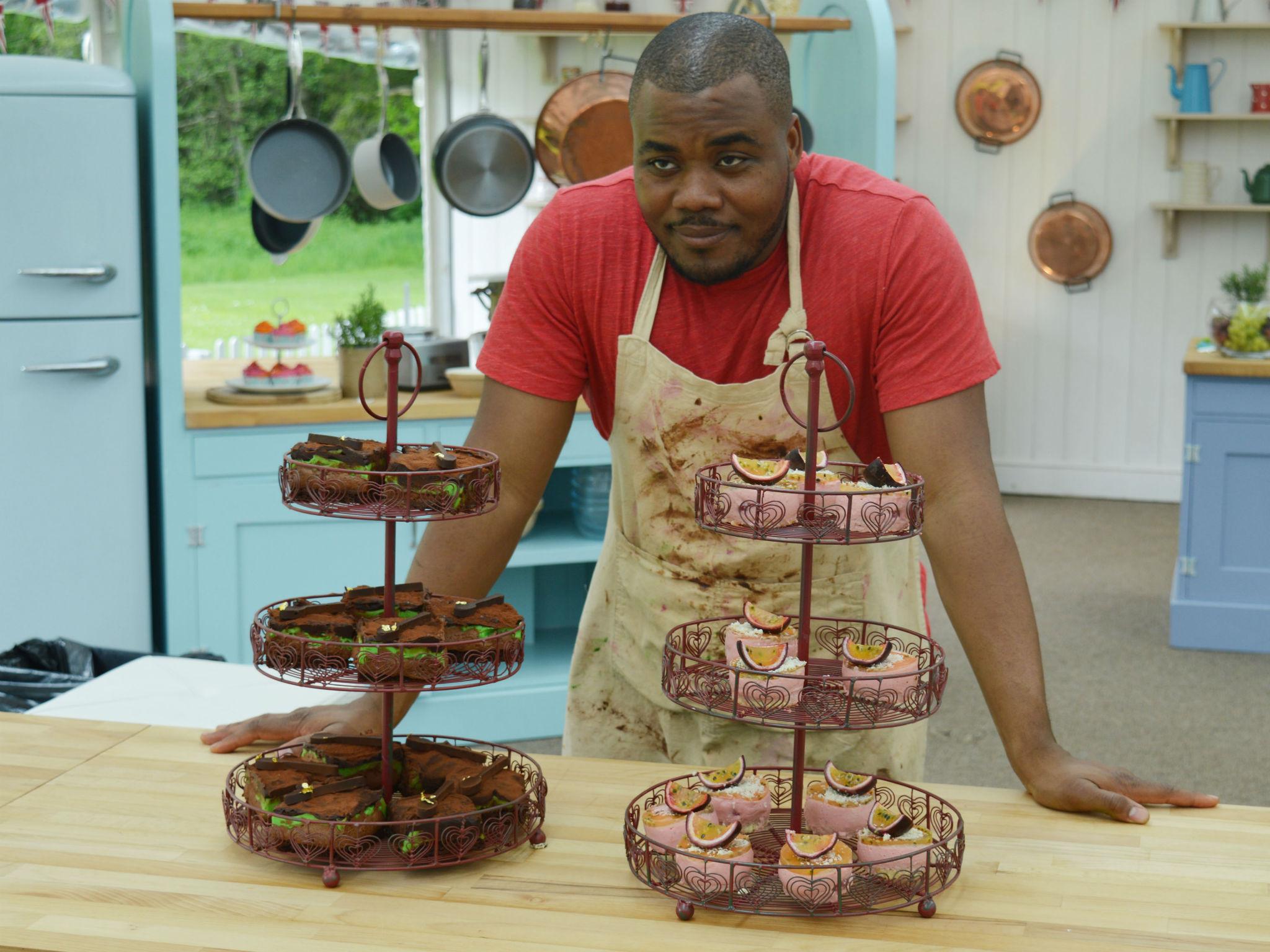 Selasi serves his mint chocolate and passion fruit mousses to the judges