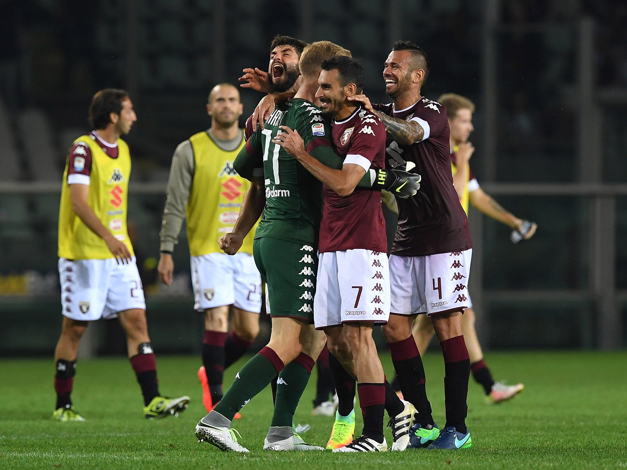 Hart celebrates with his Torino teammates after the recent victory over Fiorentina