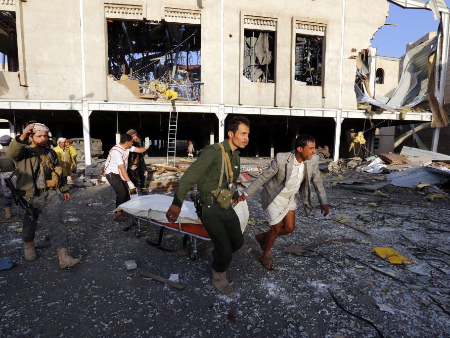 UK arms are being used by the Saudis in Yemen, such as in this funeral ceremony in Sanaía