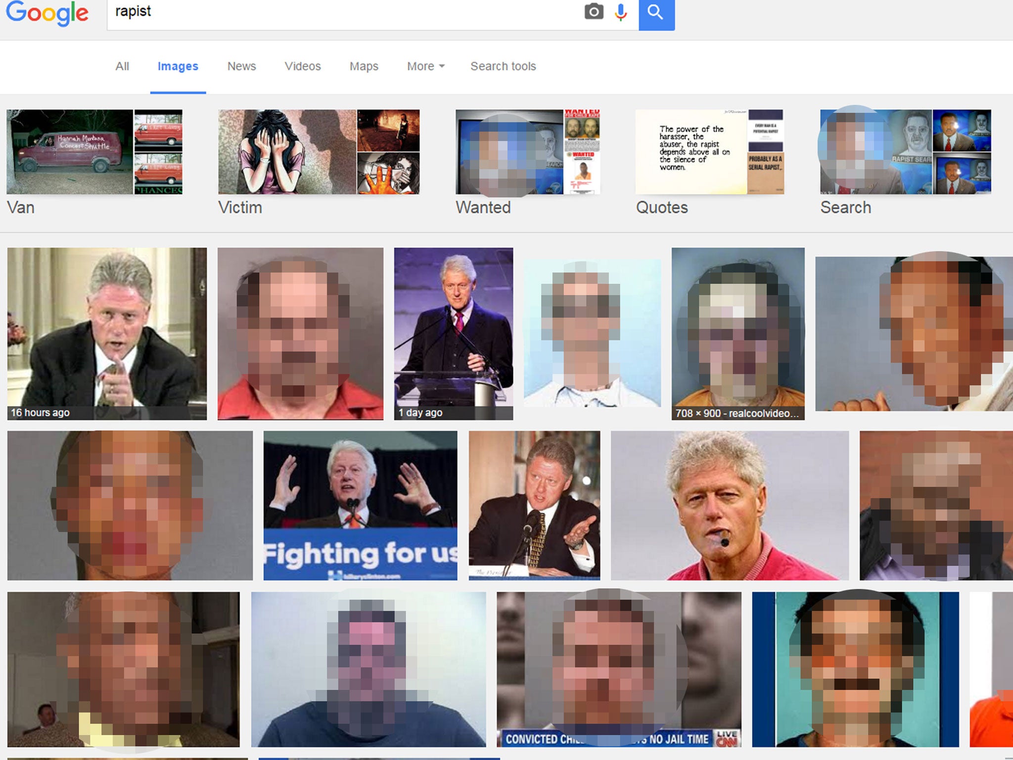 Google search results appear to rank images of Bill Clinton prominently for a search of the term 'rapist'