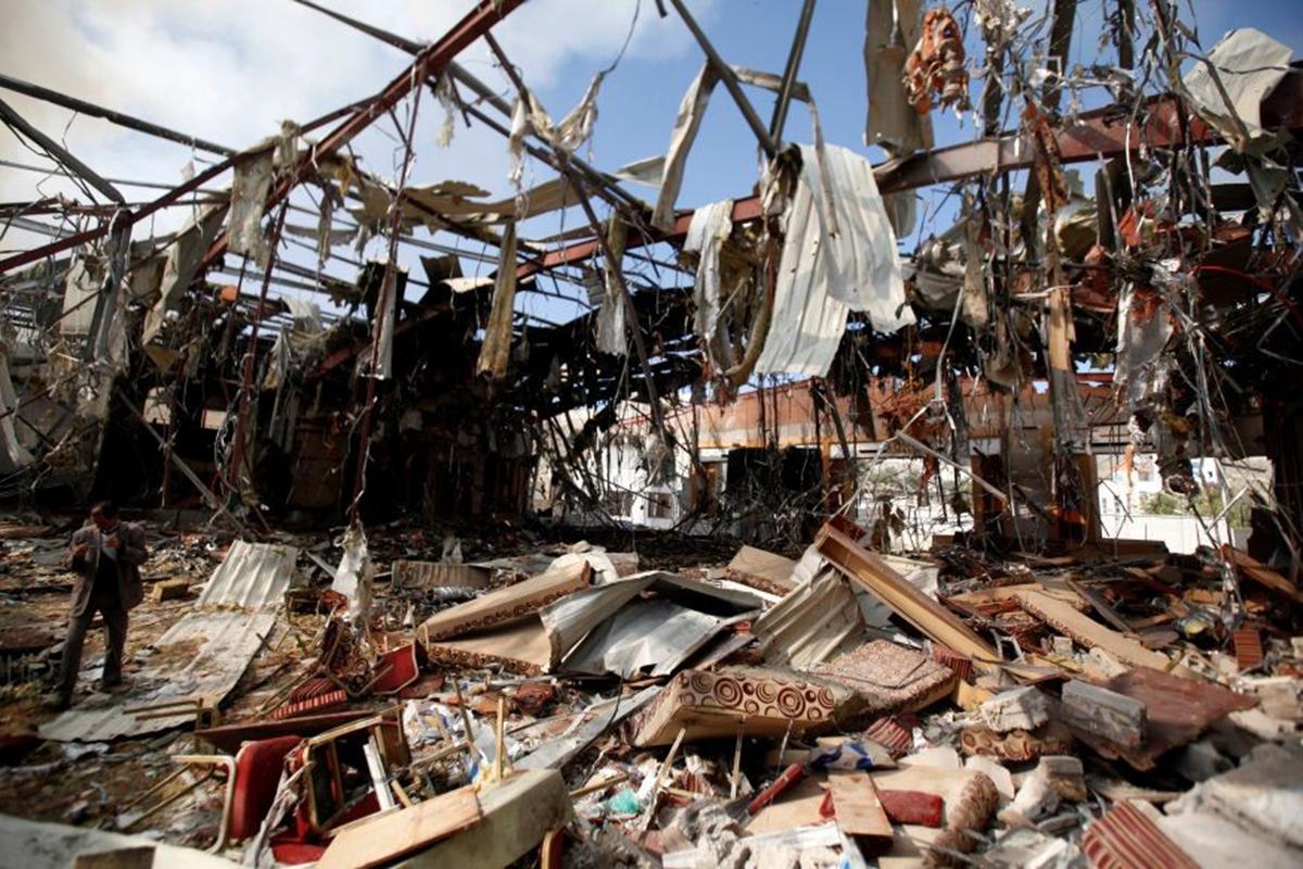 The scene of the air strike on a funeral hall on 8 October