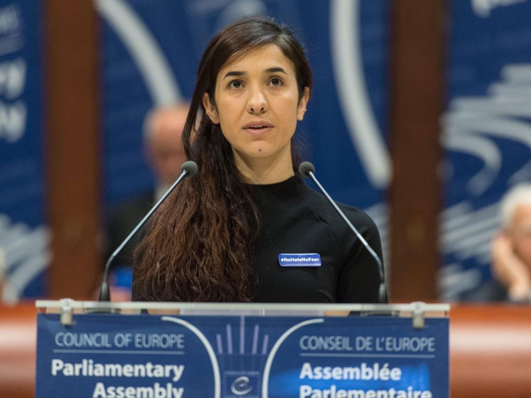 Former Isis prisoner Nadia Murad delivers her speech after winning the Vaclav Havel Human Rights Prize in the Council of Europe in Strasbourg, France, 10 October, 2016