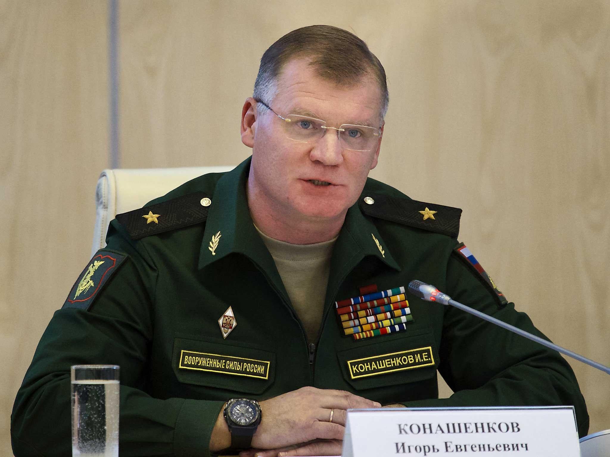 Russian defense ministry spokesman Major General Igor Konashenkov speaks to the media in Moscow, Russia. Konashenkov strongly warned the United States against striking Syrian government forces and issued a  thinly-veiled threat to use Russian air defense assets to protect them
