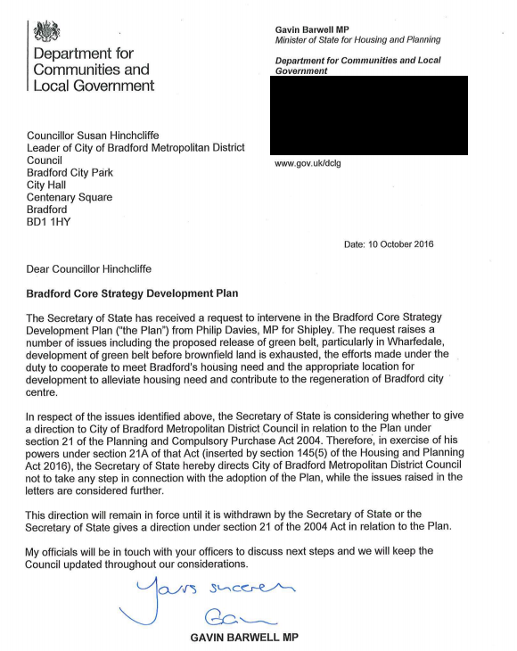 The letter from the minister suspending the development plan