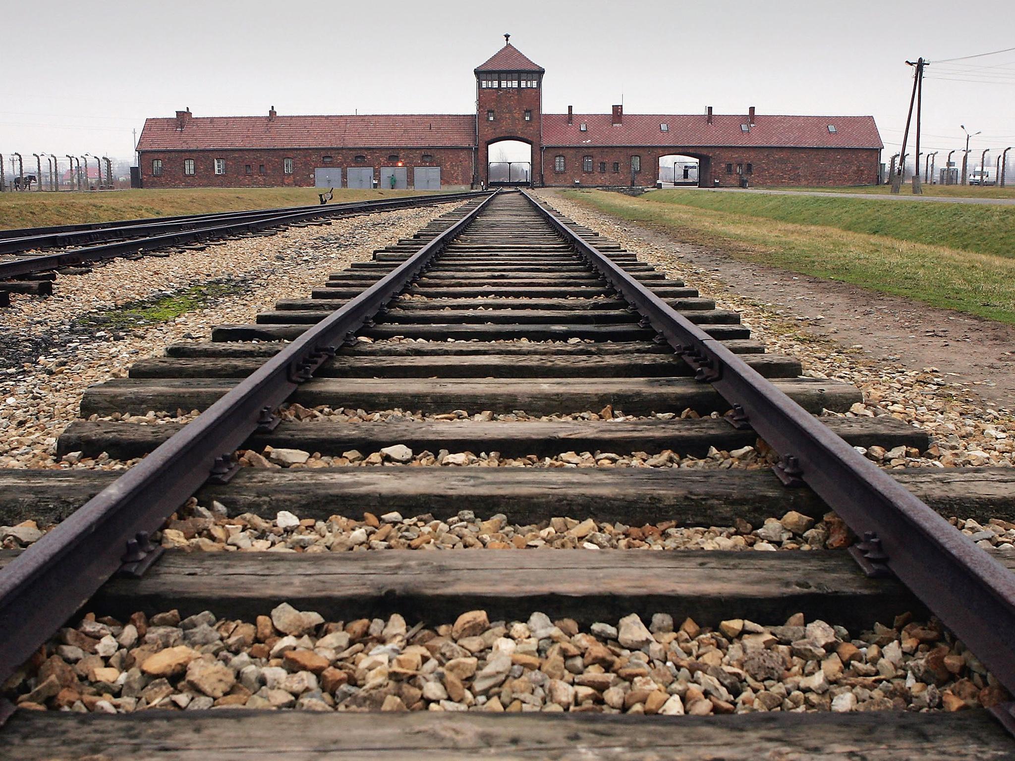 The railway tracks leading to the main gates at Auschwitz II - Birkenau