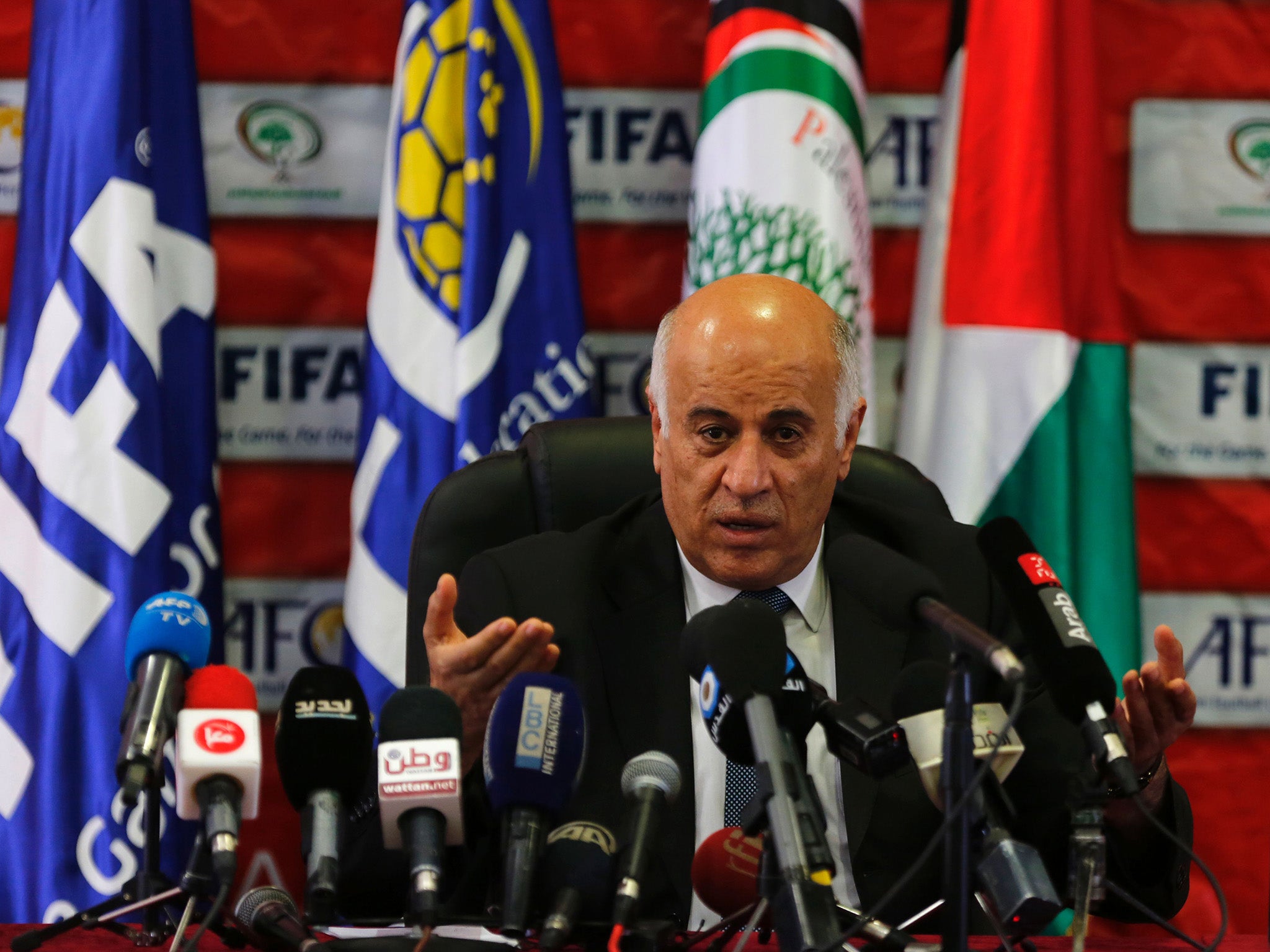 Palestinian Football Association (PFA) head Jibril Rajoub holds a press conference on October 12