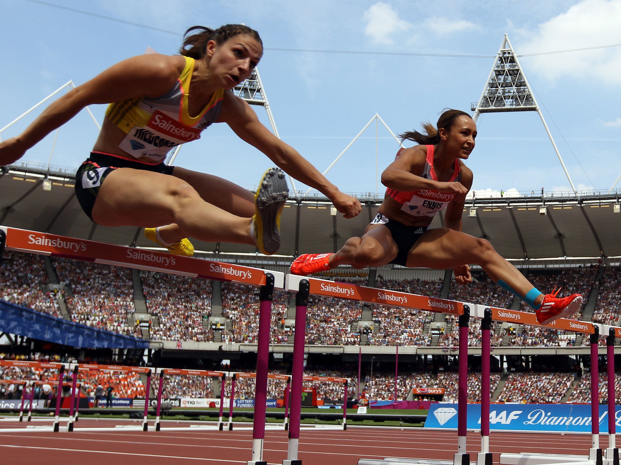 Jess Ennis-Hill in full flow during the 100m hurdles