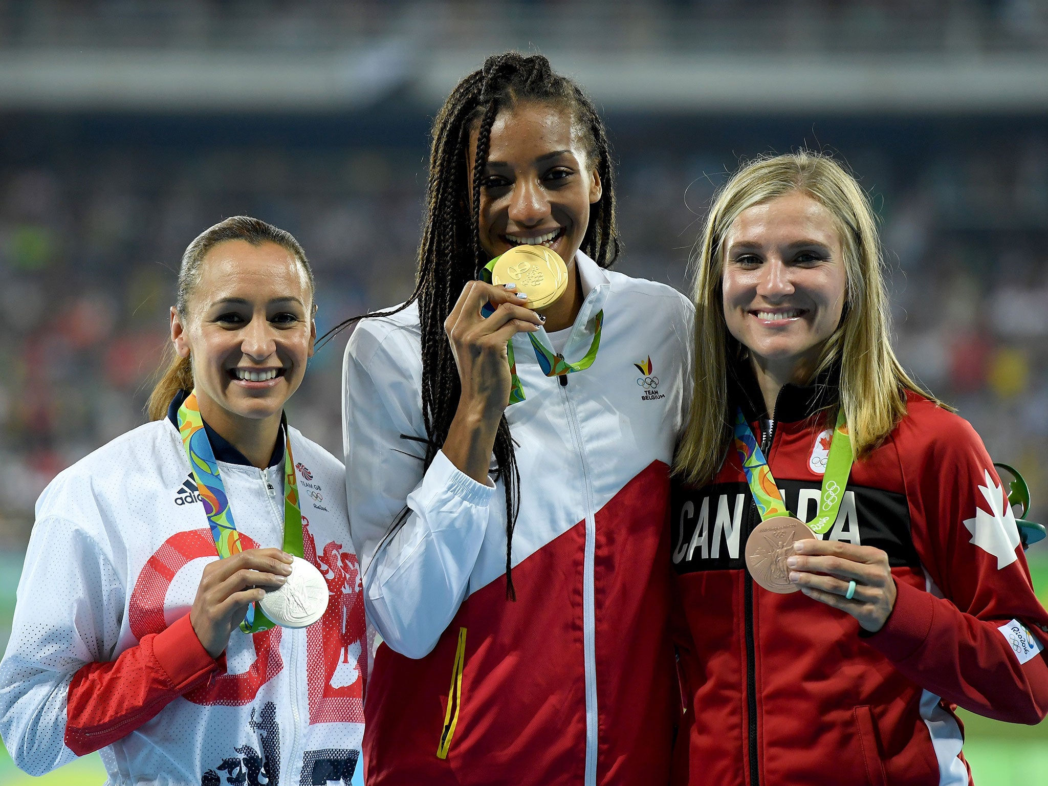 Jess Ennis-Hill celebrates her silver medal won in Rio during this summer's Olympics