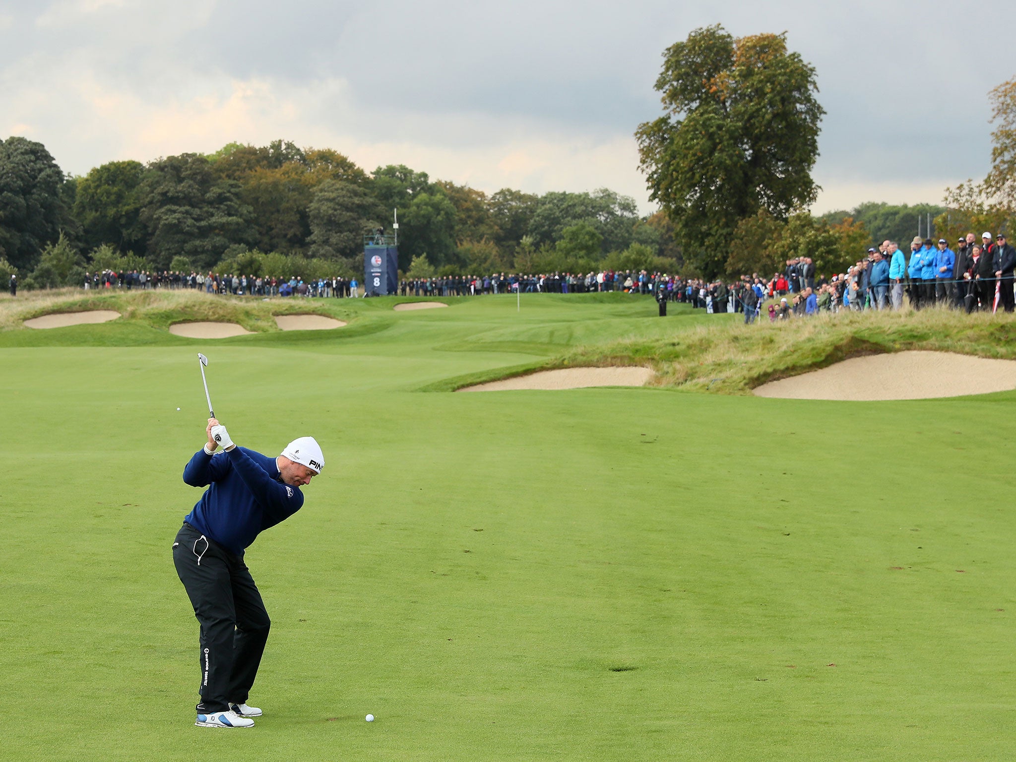 Lee Westwood hits off the fairway during his fine start to the British Masters on Thursday